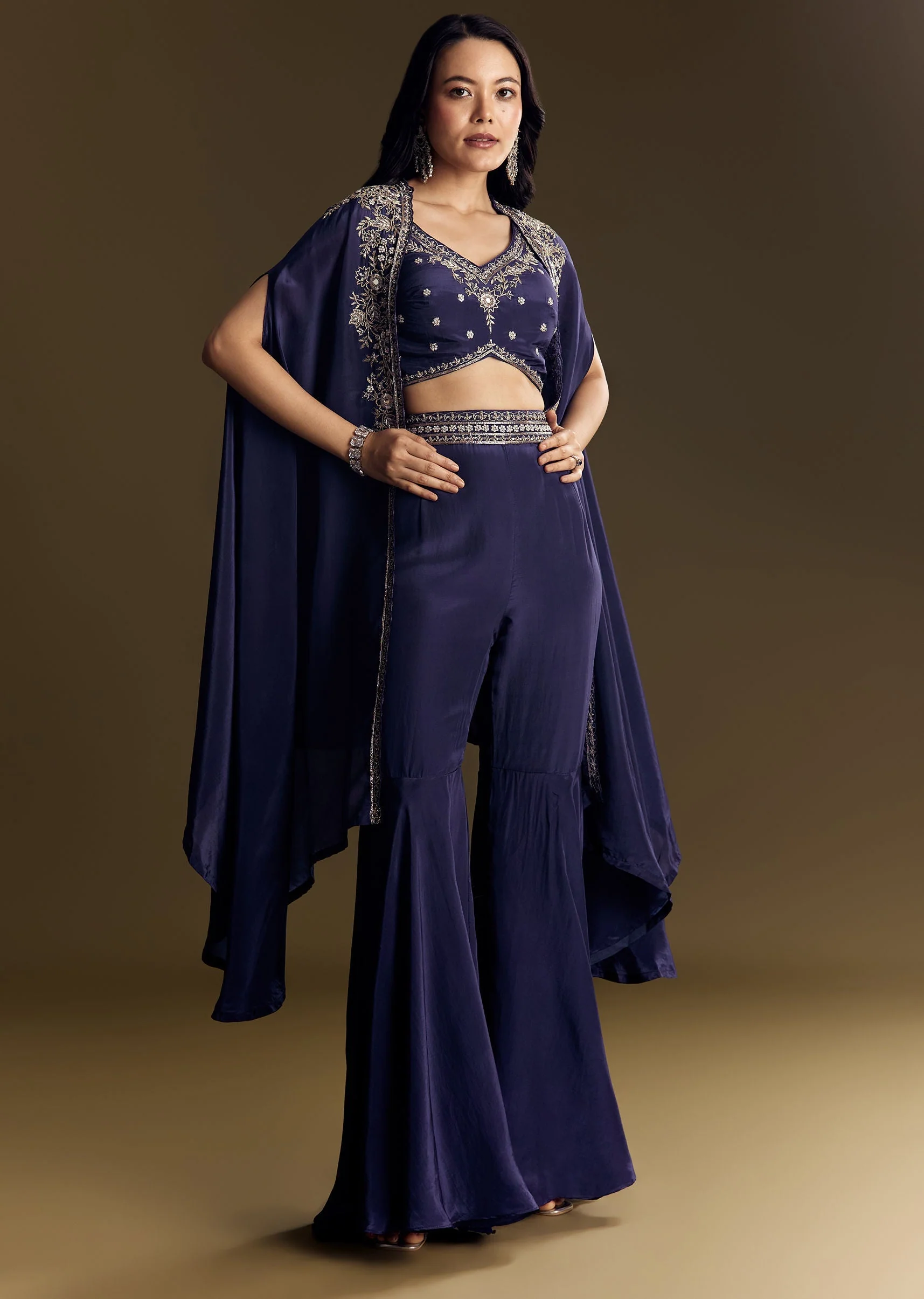 Navy Blue Crop Top Set With Silver Zardozi Cape - Image 3