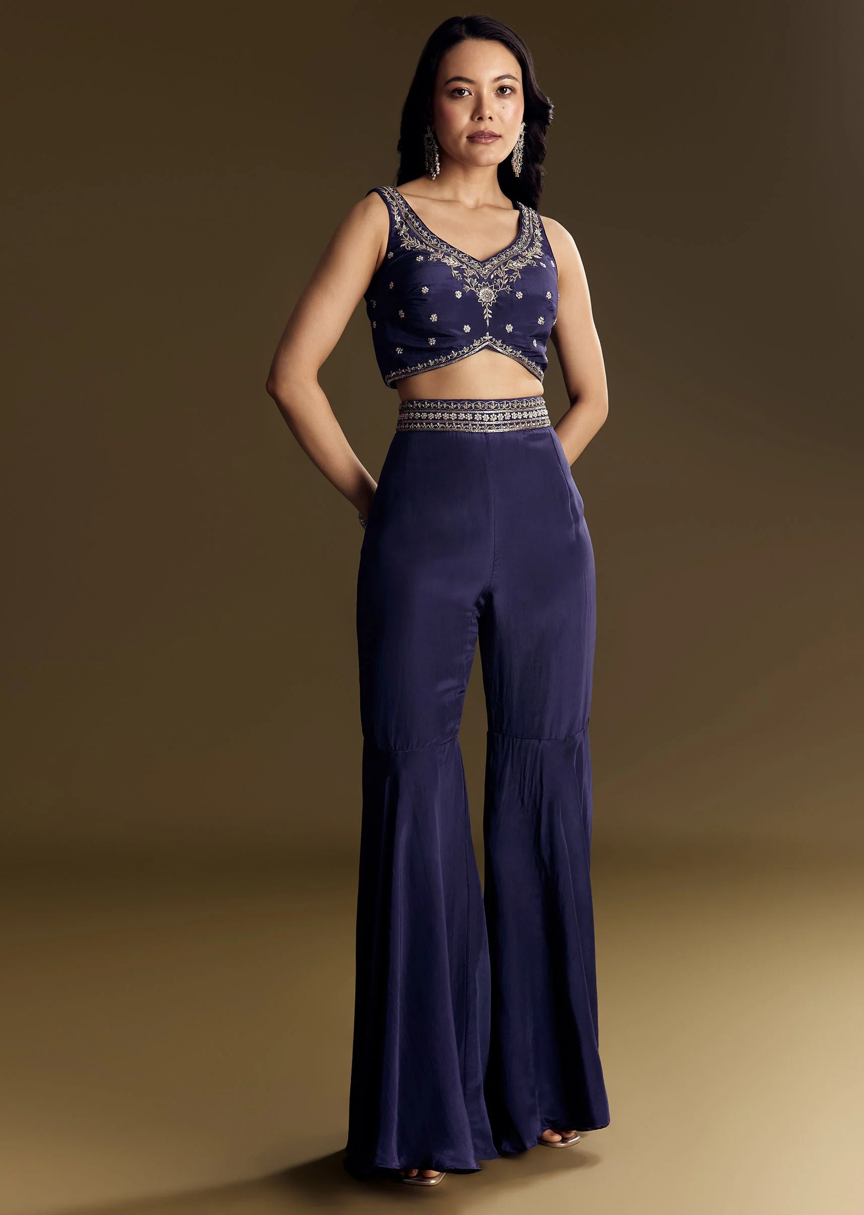 Navy Blue Crop Top Set With Silver Zardozi Cape - Image 6