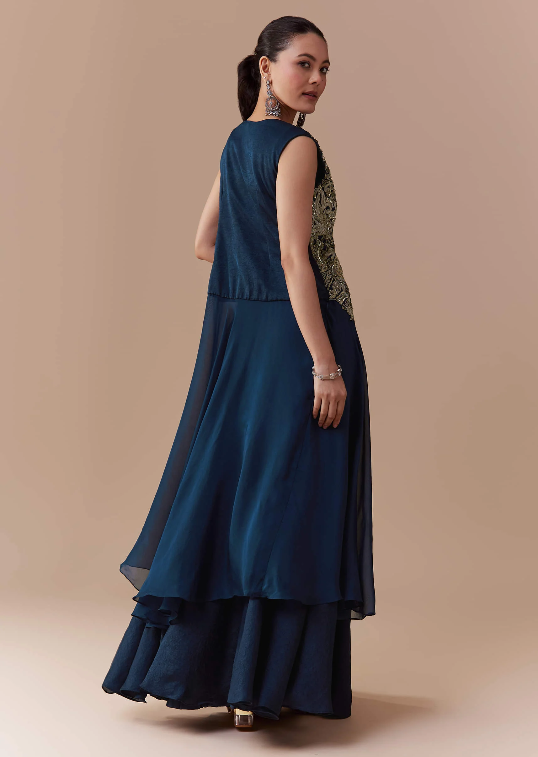 Navy Blue Crop Top Silk Skirt Set with Zari Jacket - Image 5