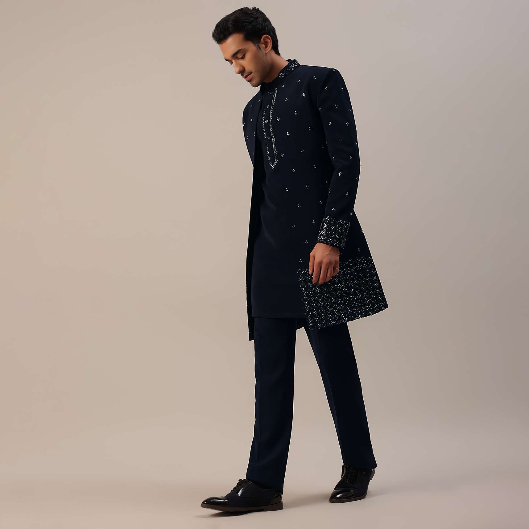 Navy Blue Cut Work Embroidered Indowestern In Suiting - Image 12