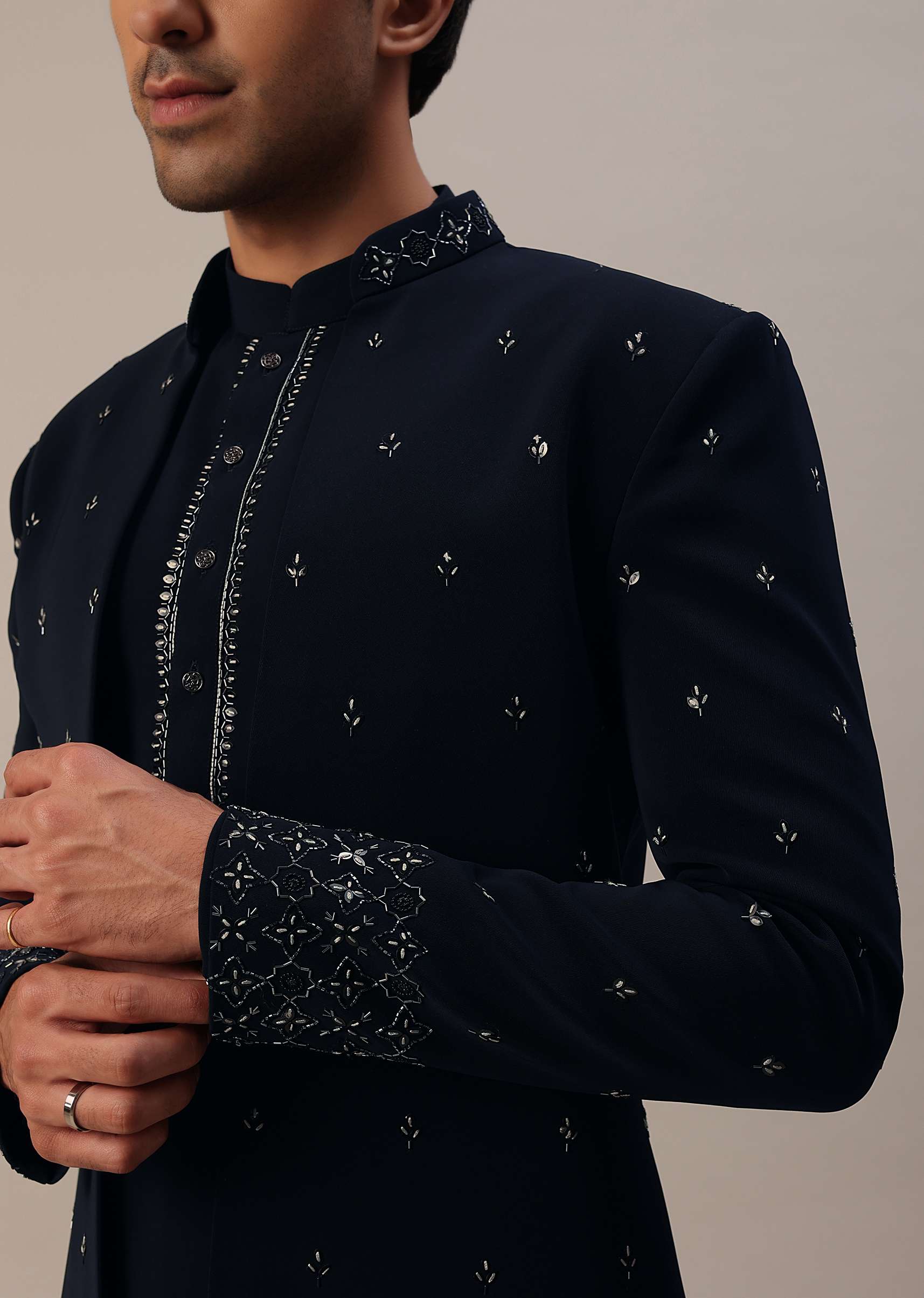 Navy Blue Cut Work Embroidered Indowestern In Suiting - Image 4