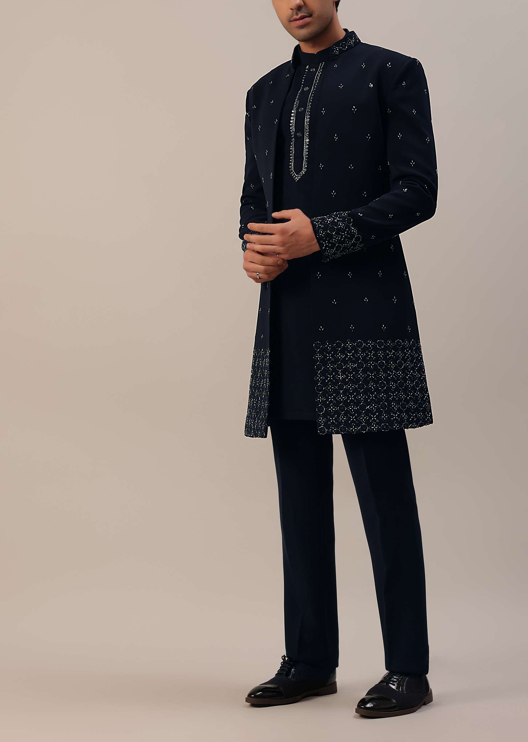 Navy Blue Cut Work Embroidered Indowestern In Suiting - Image 7