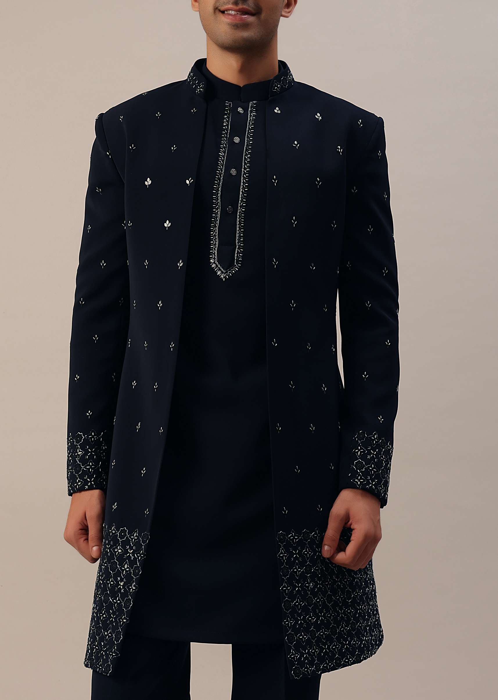 Navy Blue Cut Work Embroidered Indowestern In Suiting - Image 8