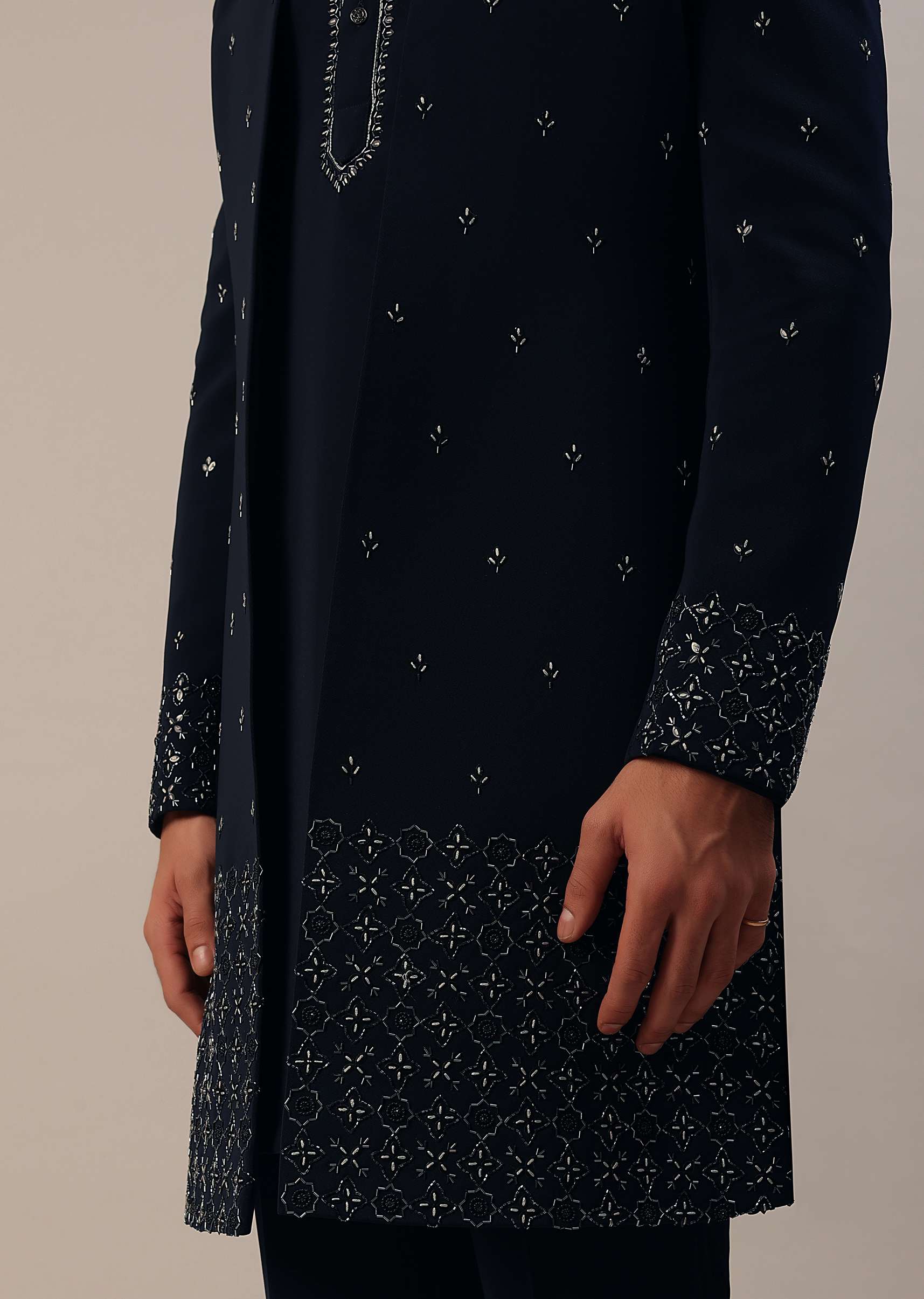 Navy Blue Cut Work Embroidered Indowestern In Suiting - Image 9