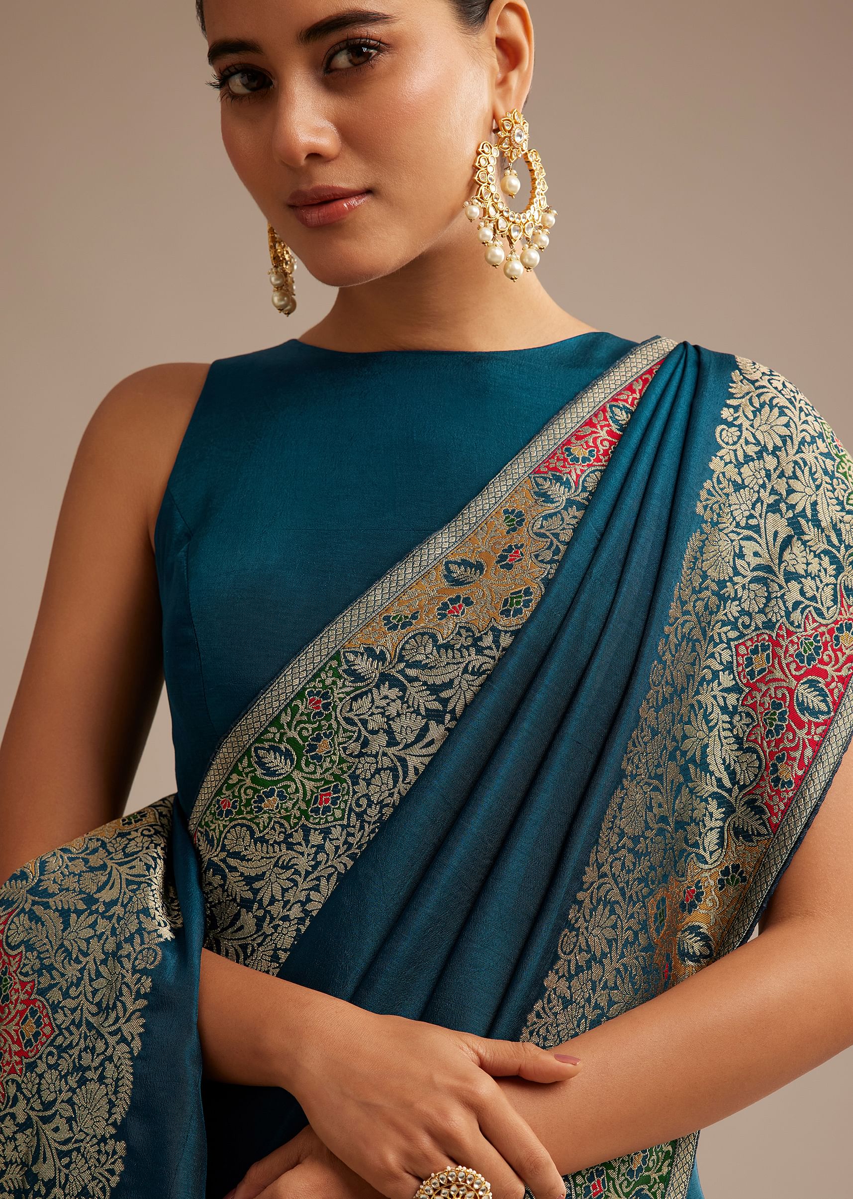 Navy Blue Dola Silk Saree With Zari Embroidery - Image 2