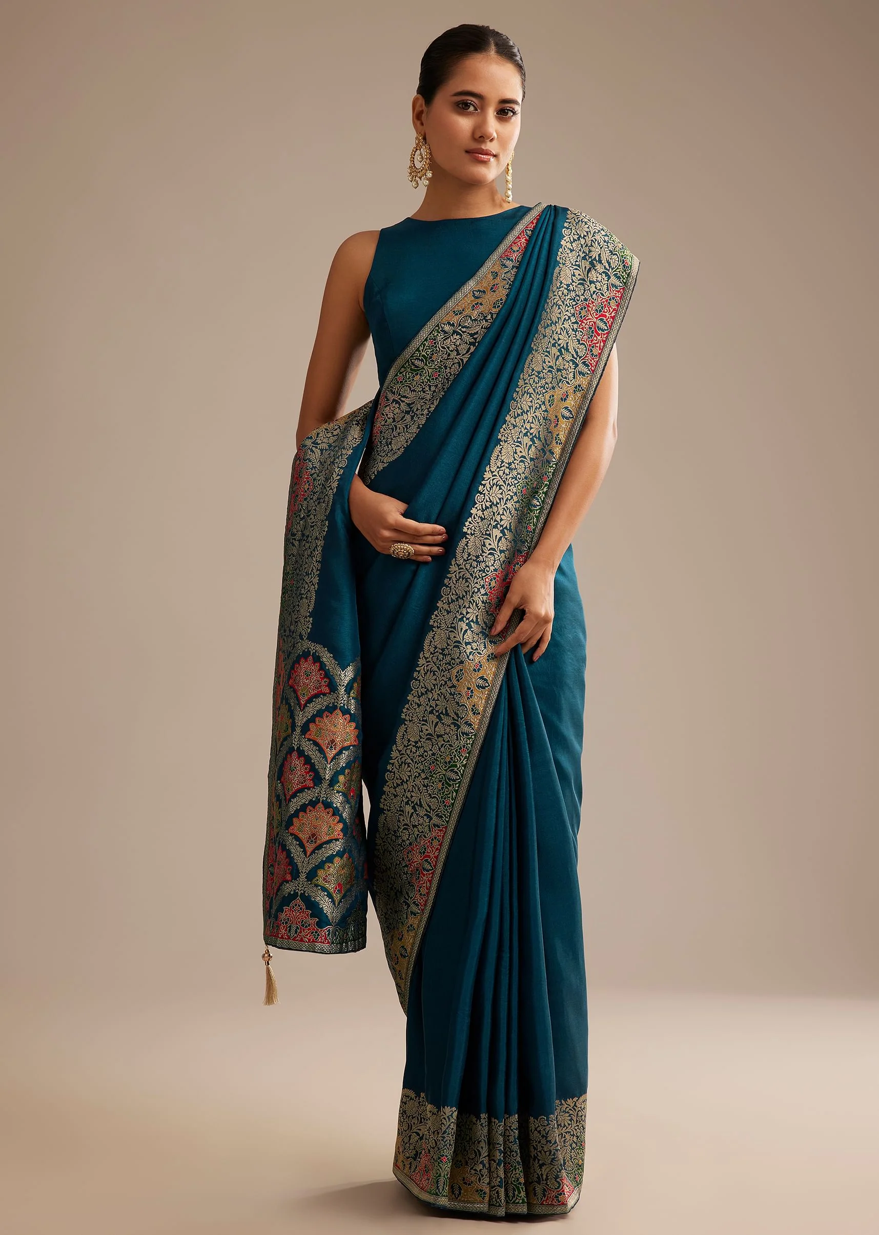 Navy Blue Dola Silk Saree With Zari Embroidery - Image 3
