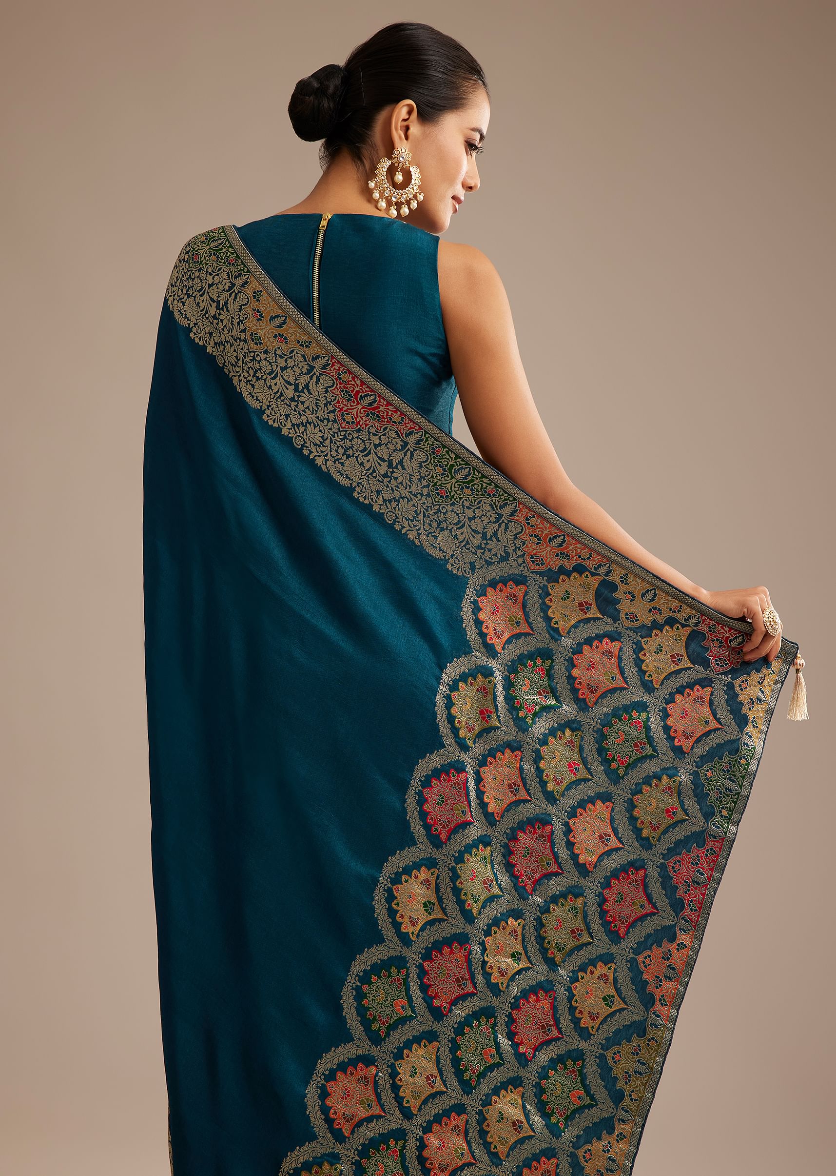 Navy Blue Dola Silk Saree With Zari Embroidery - Image 4