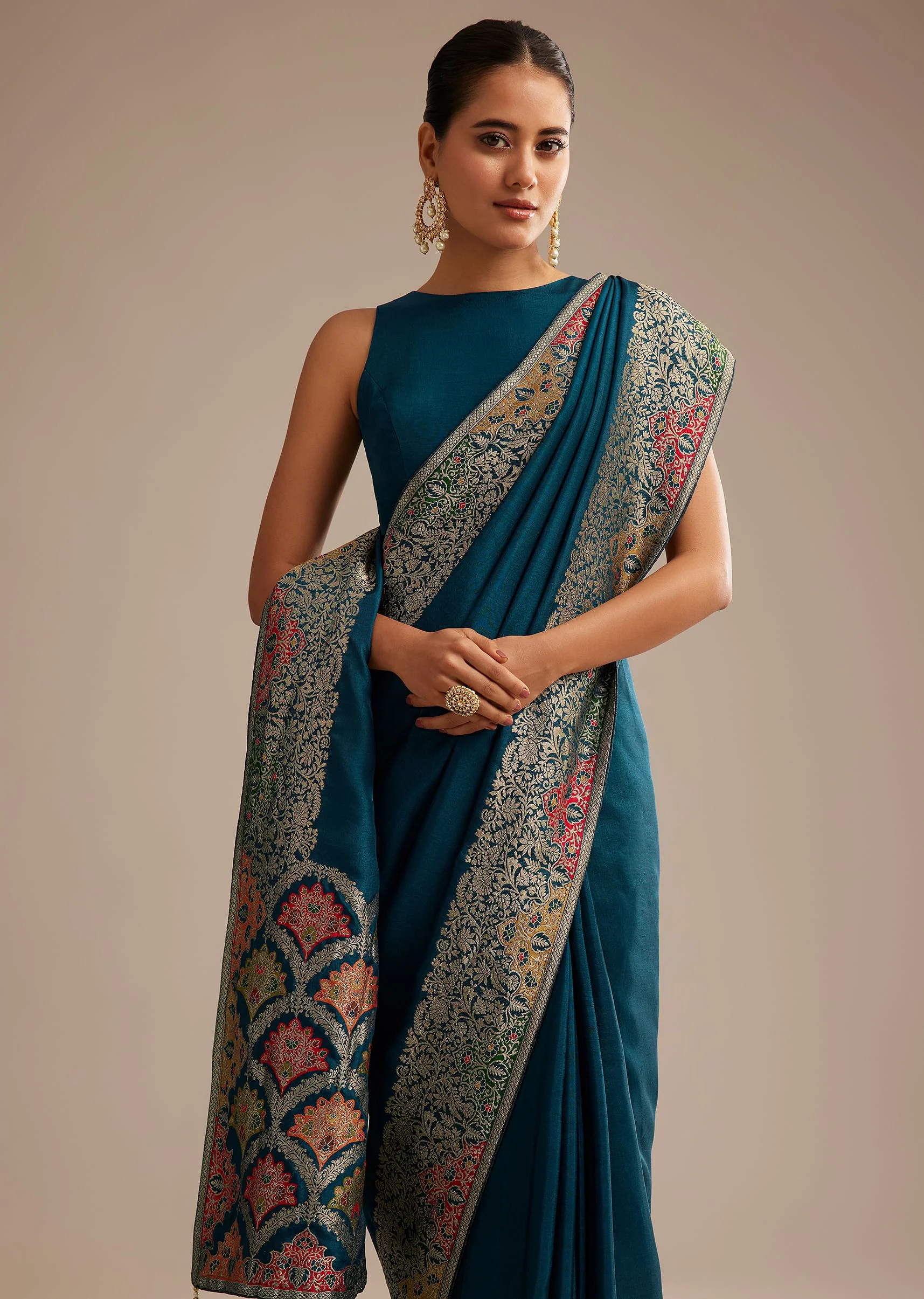 Navy Blue Dola Silk Saree With Zari Embroidery - Image 5