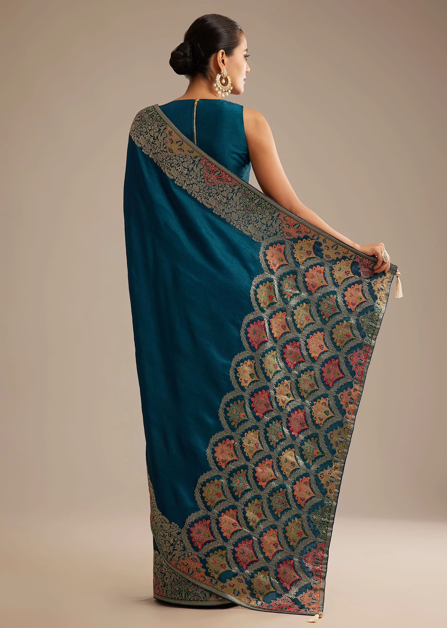 Navy Blue Dola Silk Saree With Zari Embroidery - Image 6