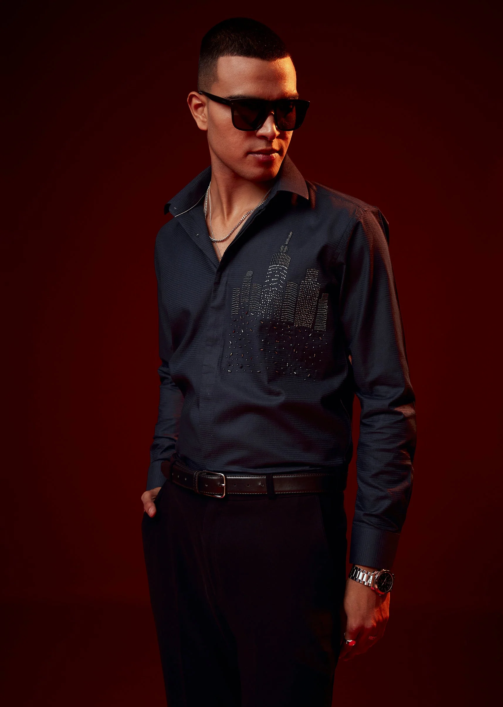 Navy Blue Embellished Mandarin Collar Shirt - Image 4
