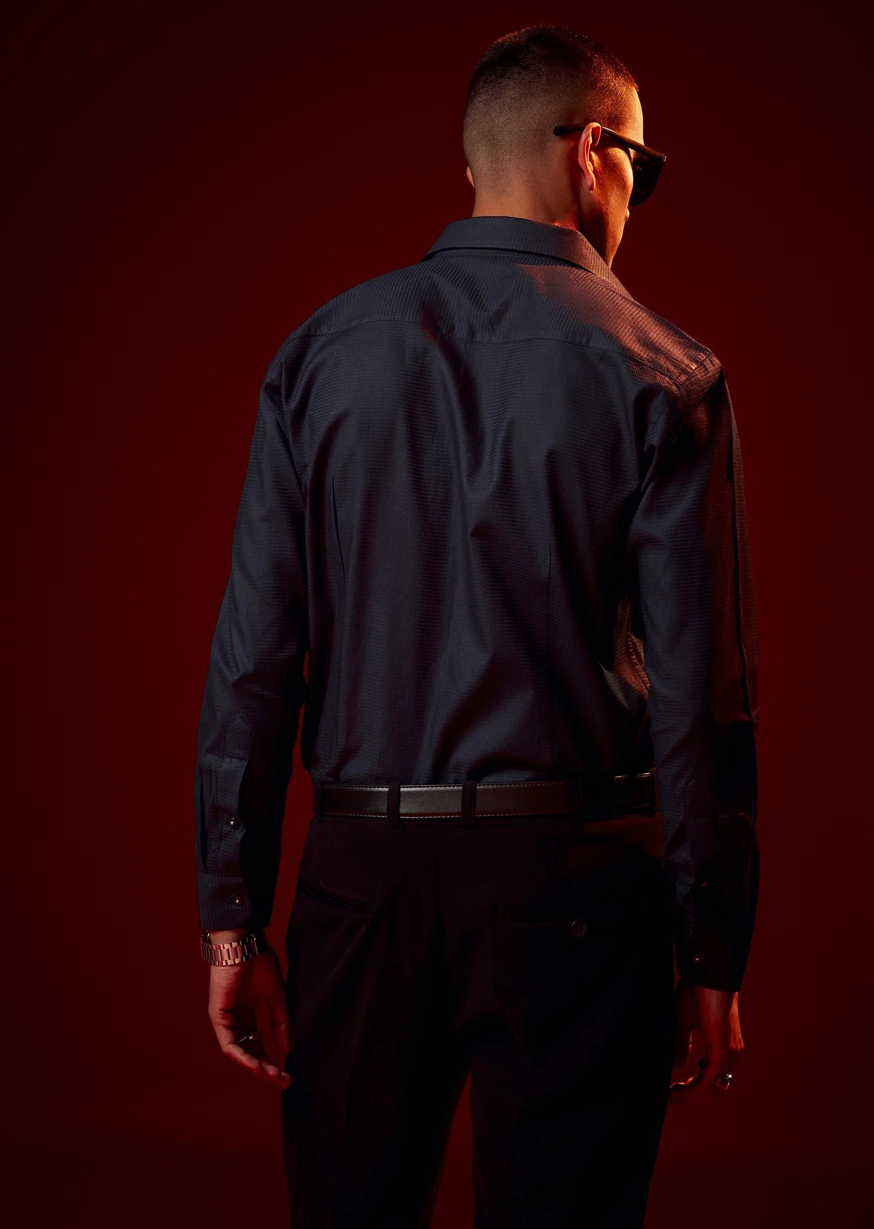 Navy Blue Embellished Mandarin Collar Shirt - Image 5