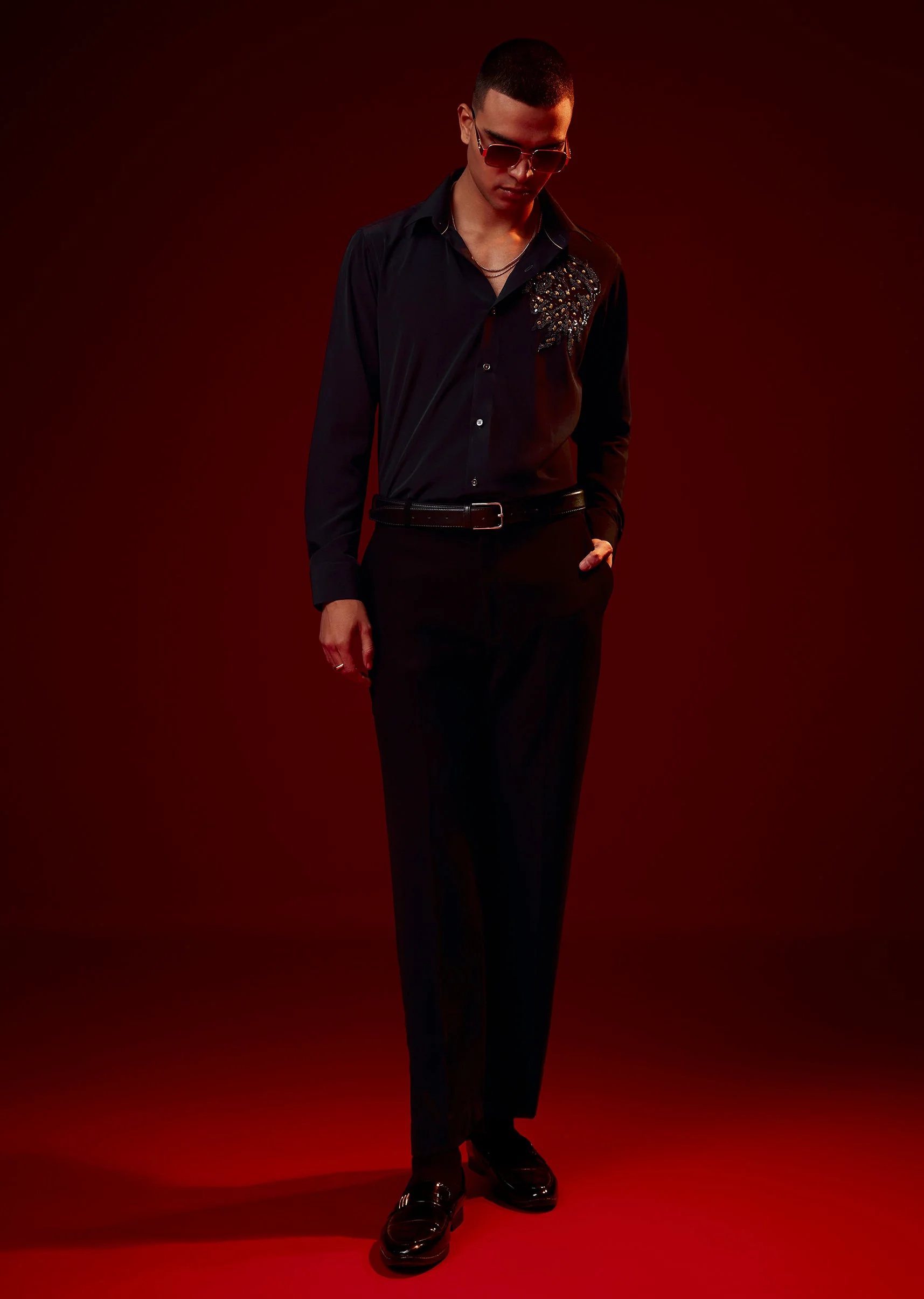 Navy Blue Embellished Polyester Party Shirt