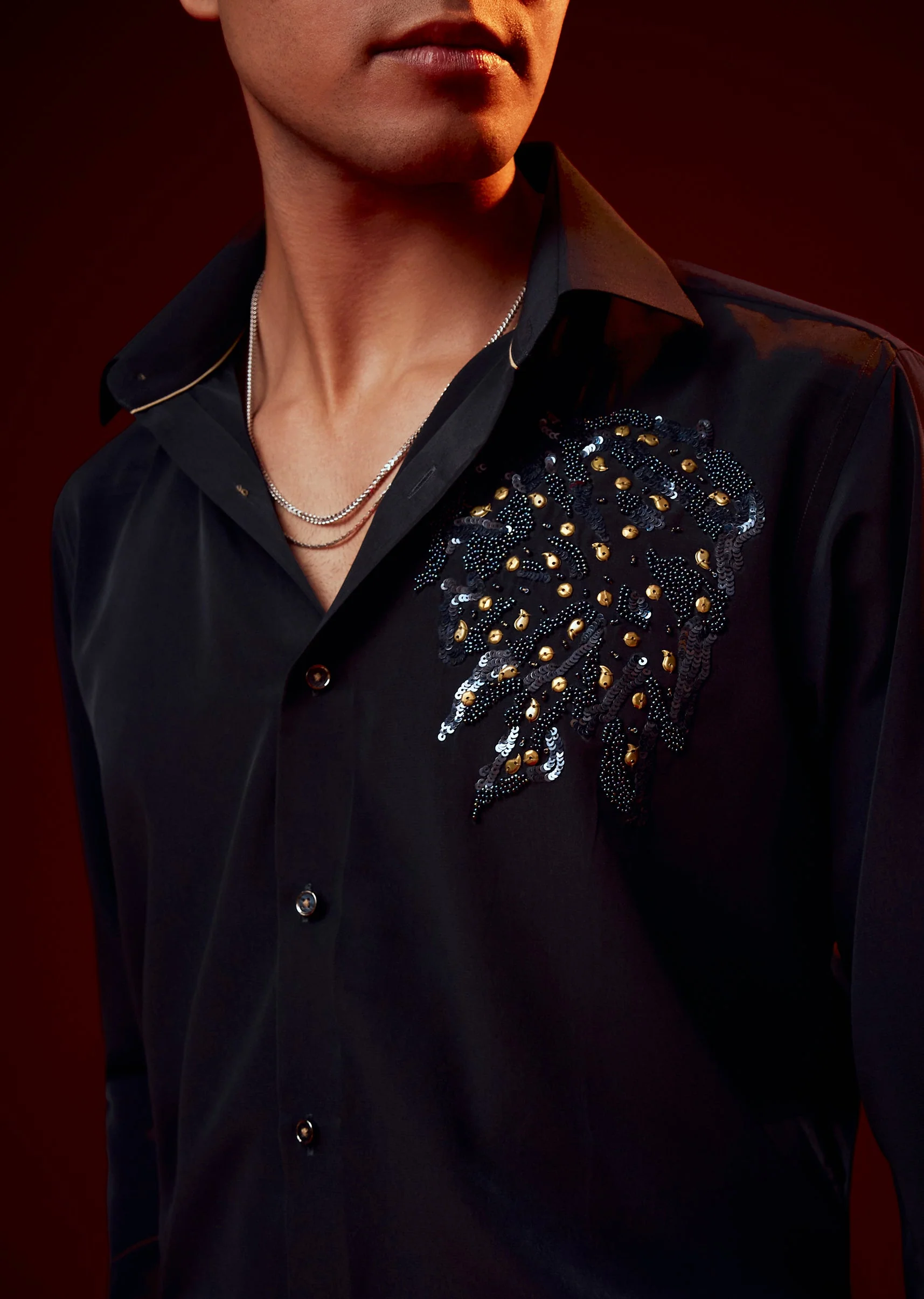 Navy Blue Embellished Polyester Party Shirt - Image 2