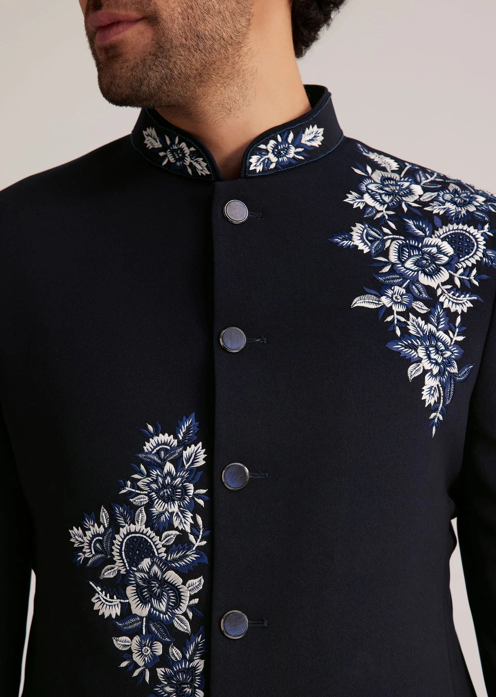 Navy Blue Embroidered Bandhgala Suit Kalki - Image 2