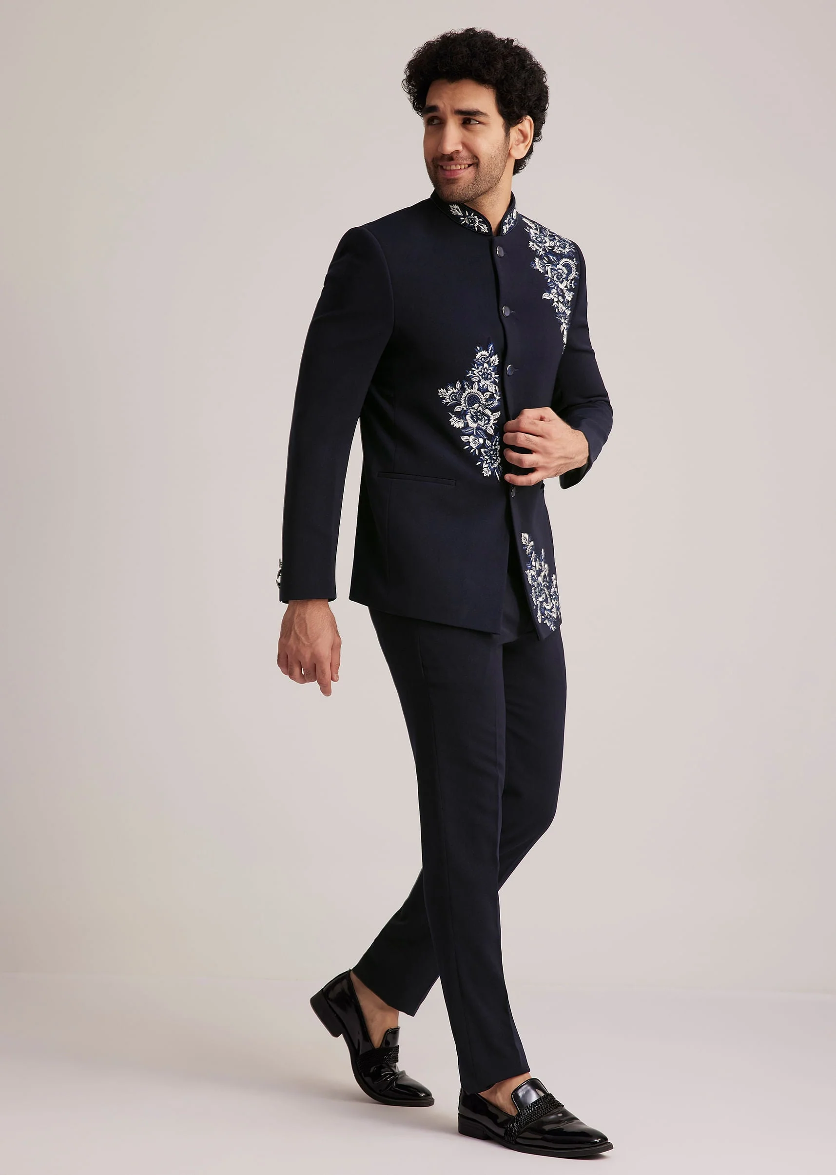 Navy Blue Embroidered Bandhgala Suit Kalki - Image 3