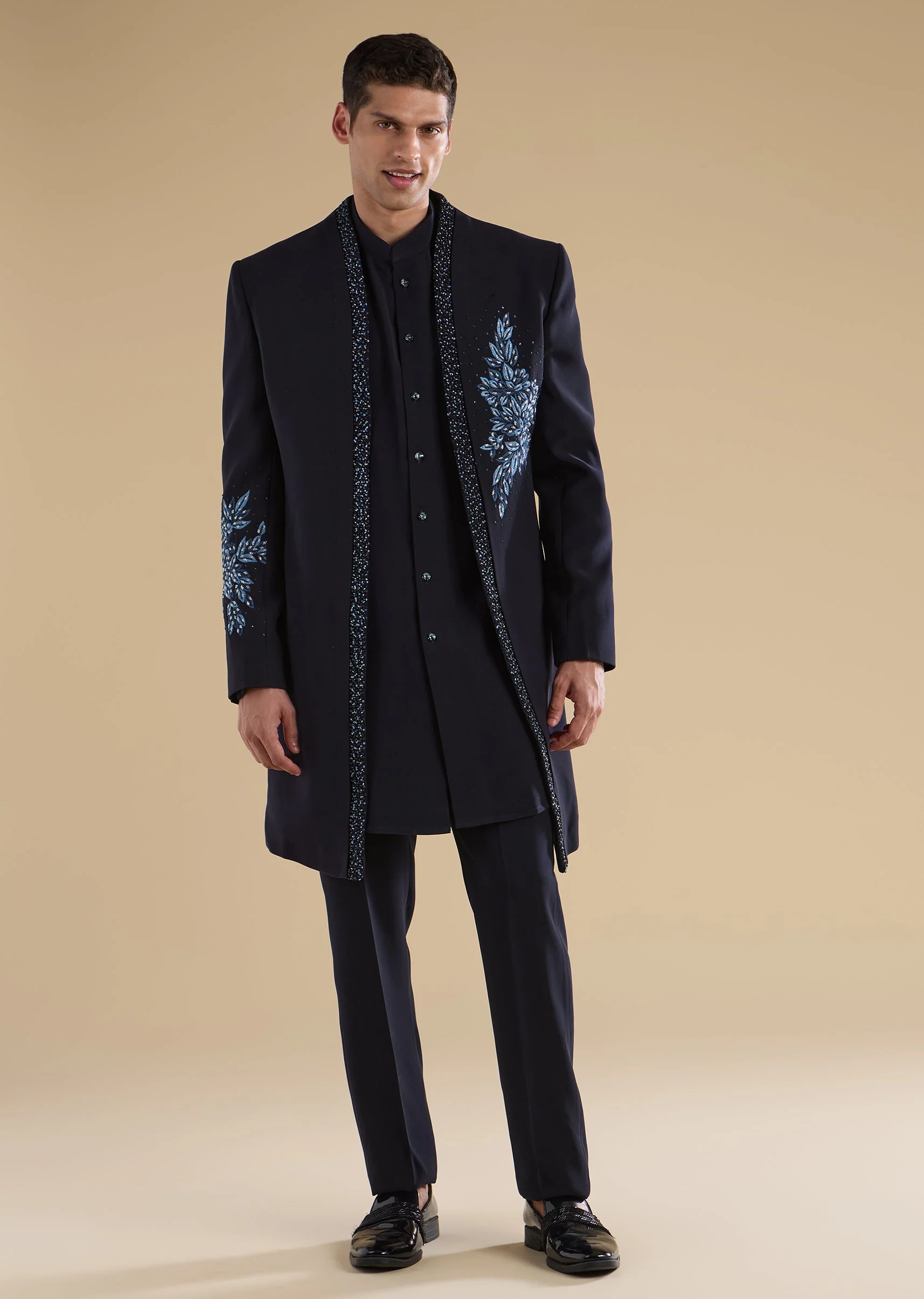 Navy Blue Embroidered Indo-Western Set - Image 3