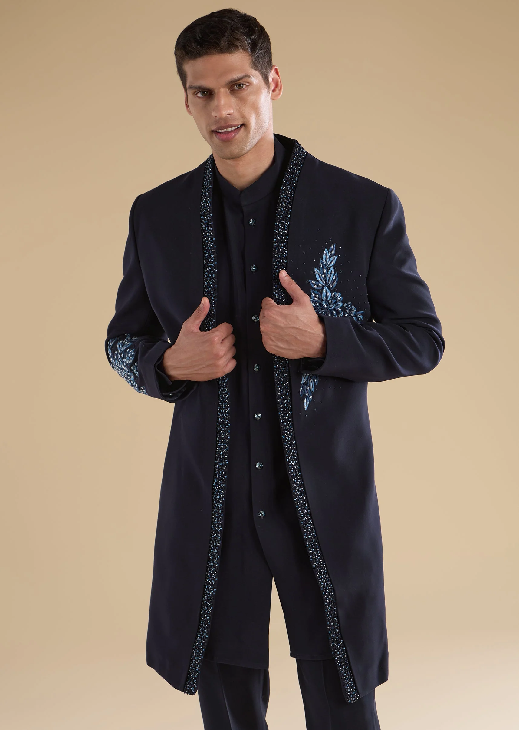 Navy Blue Embroidered Indo-Western Set - Image 4