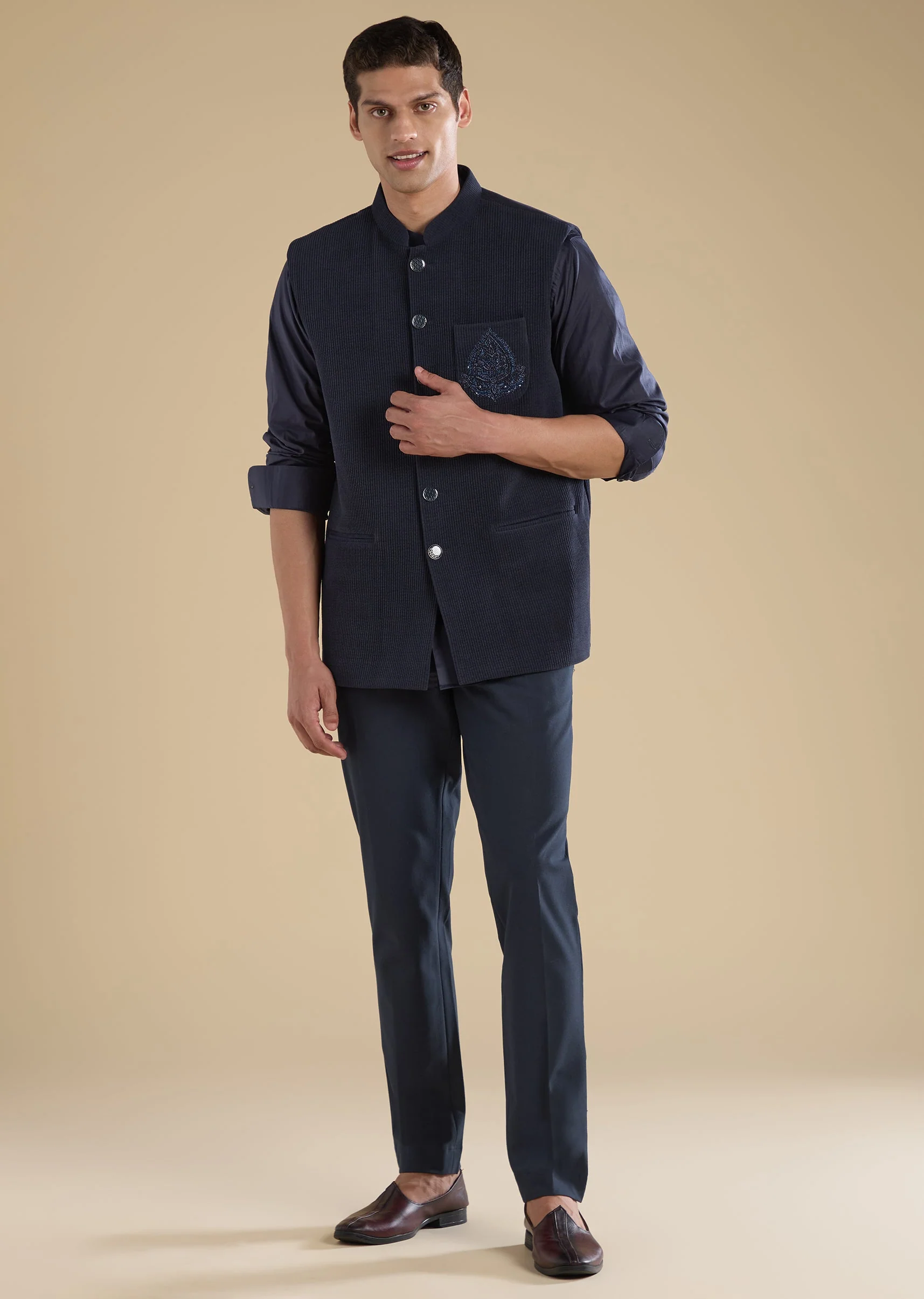 Navy Blue Embroidered Jacket Kurta - Image 4