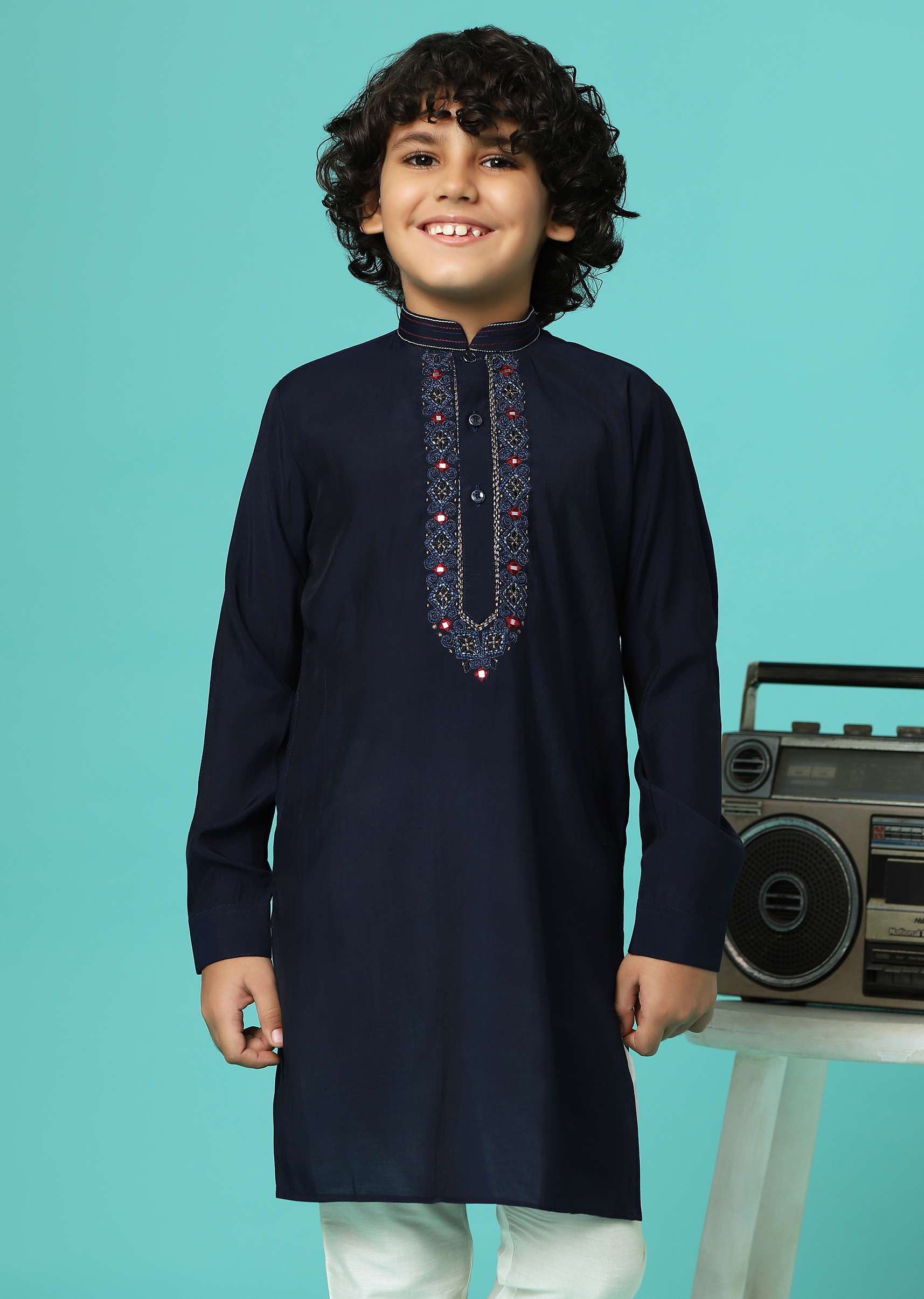 Navy Blue Embroidered Kurta And Pant Set In Silk - Image 2