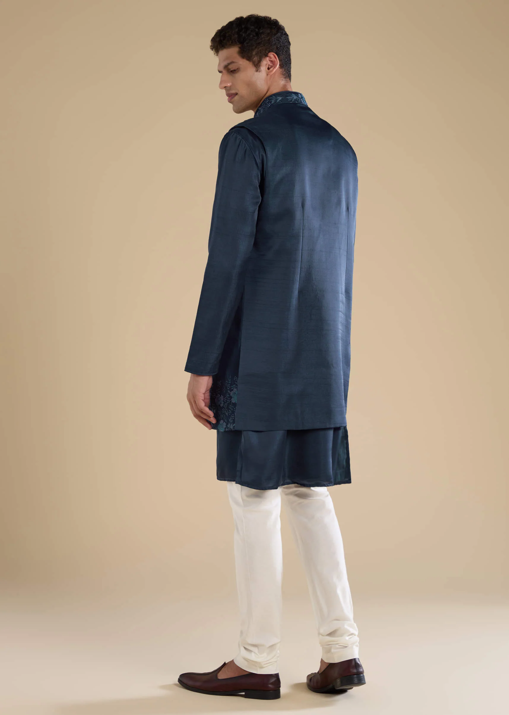 Navy Blue Embroidered Mens Jacket Kurta and Pant Set - Image 5