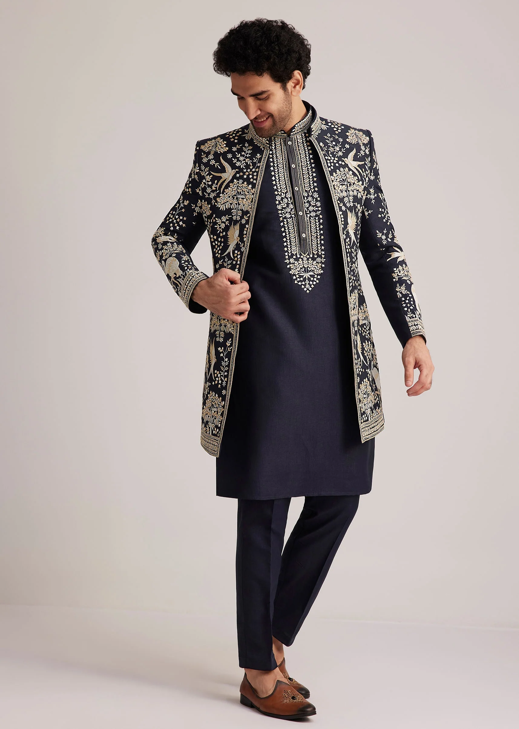 Navy Blue Embroidered Sherwani Kurta Set - Image 3