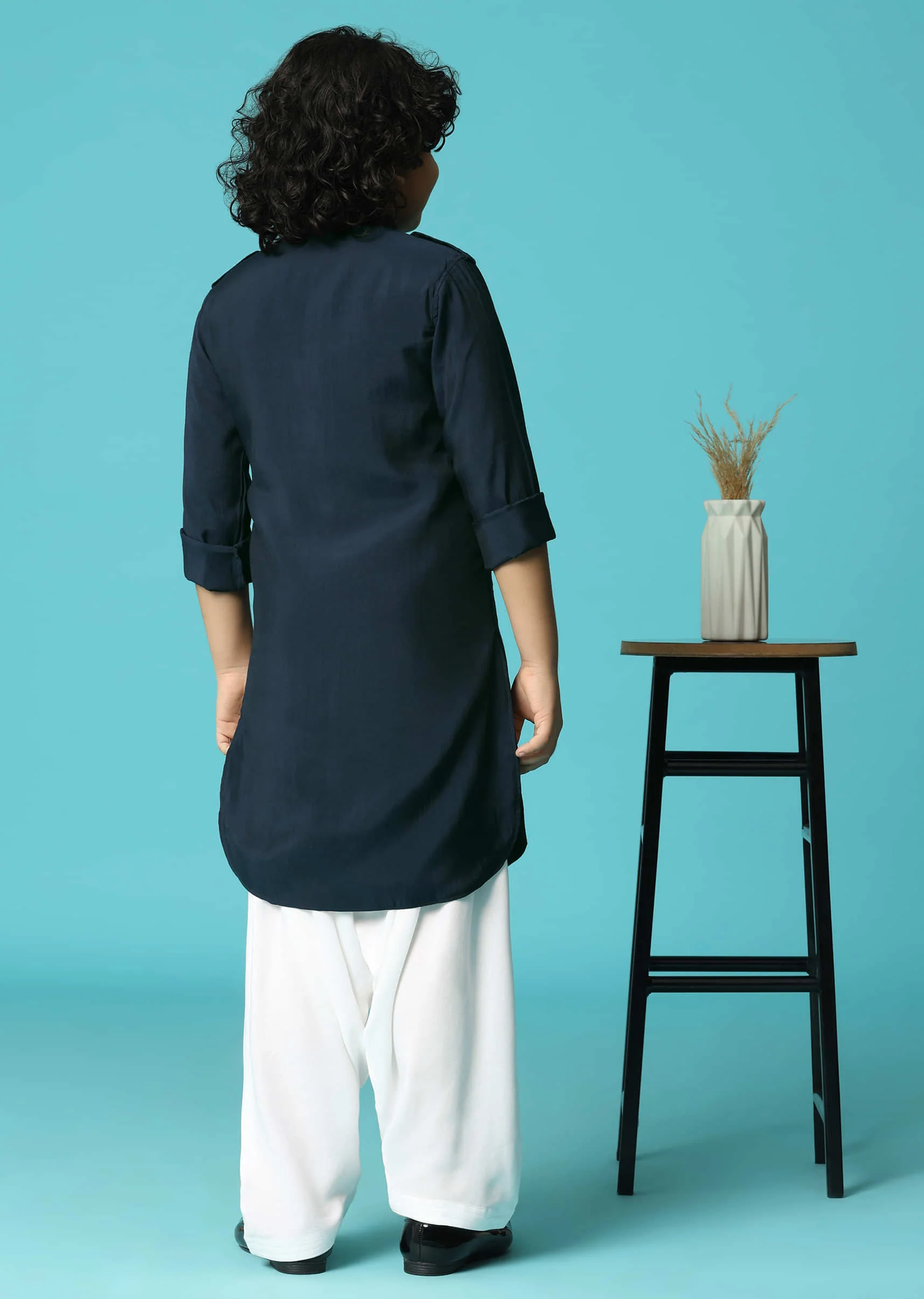 Navy Blue Embroidered Silk Kurta Pant For Boys - Image 5