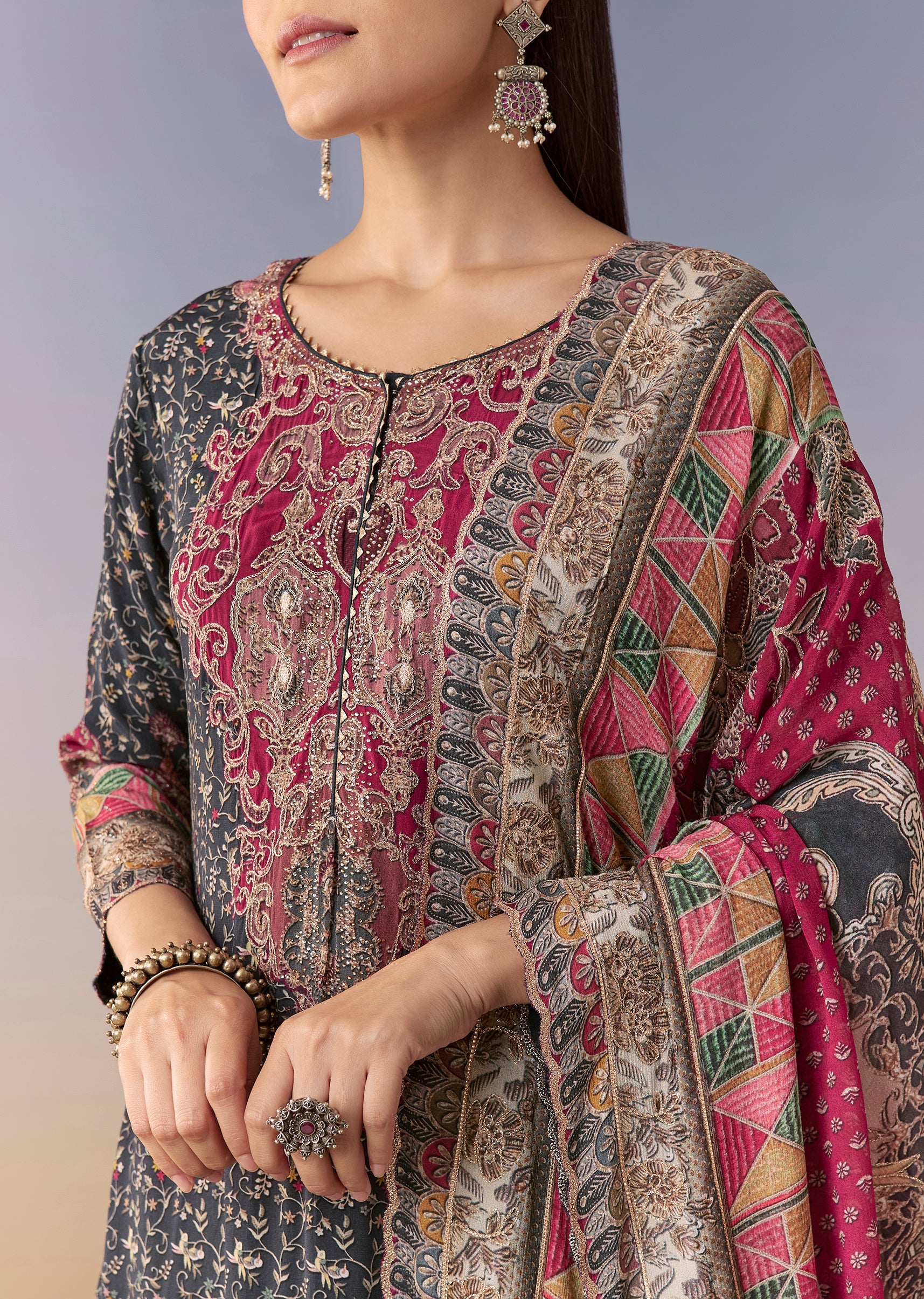Navy Blue Floral Sharara Suit Set With Dupatta - Image 2
