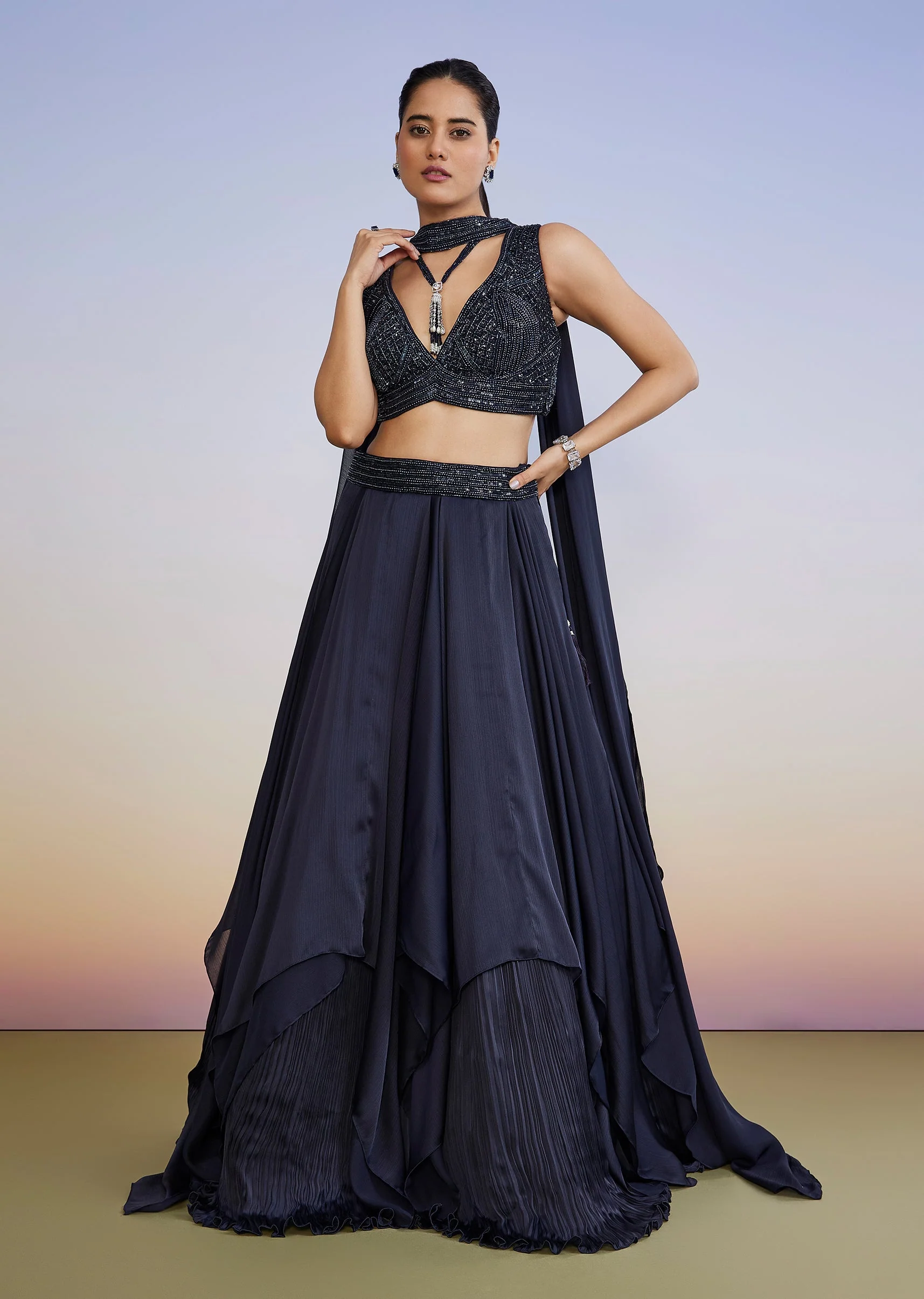 Navy Blue Fusion Lehenga - Image 4
