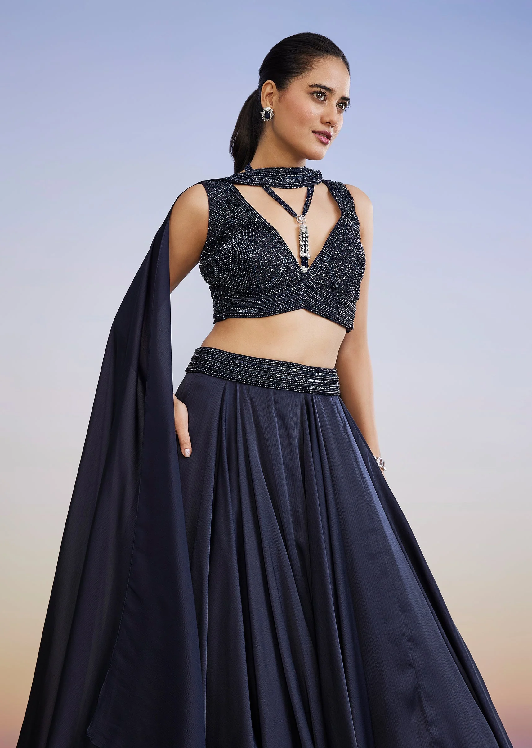 Navy Blue Fusion Lehenga - Image 5