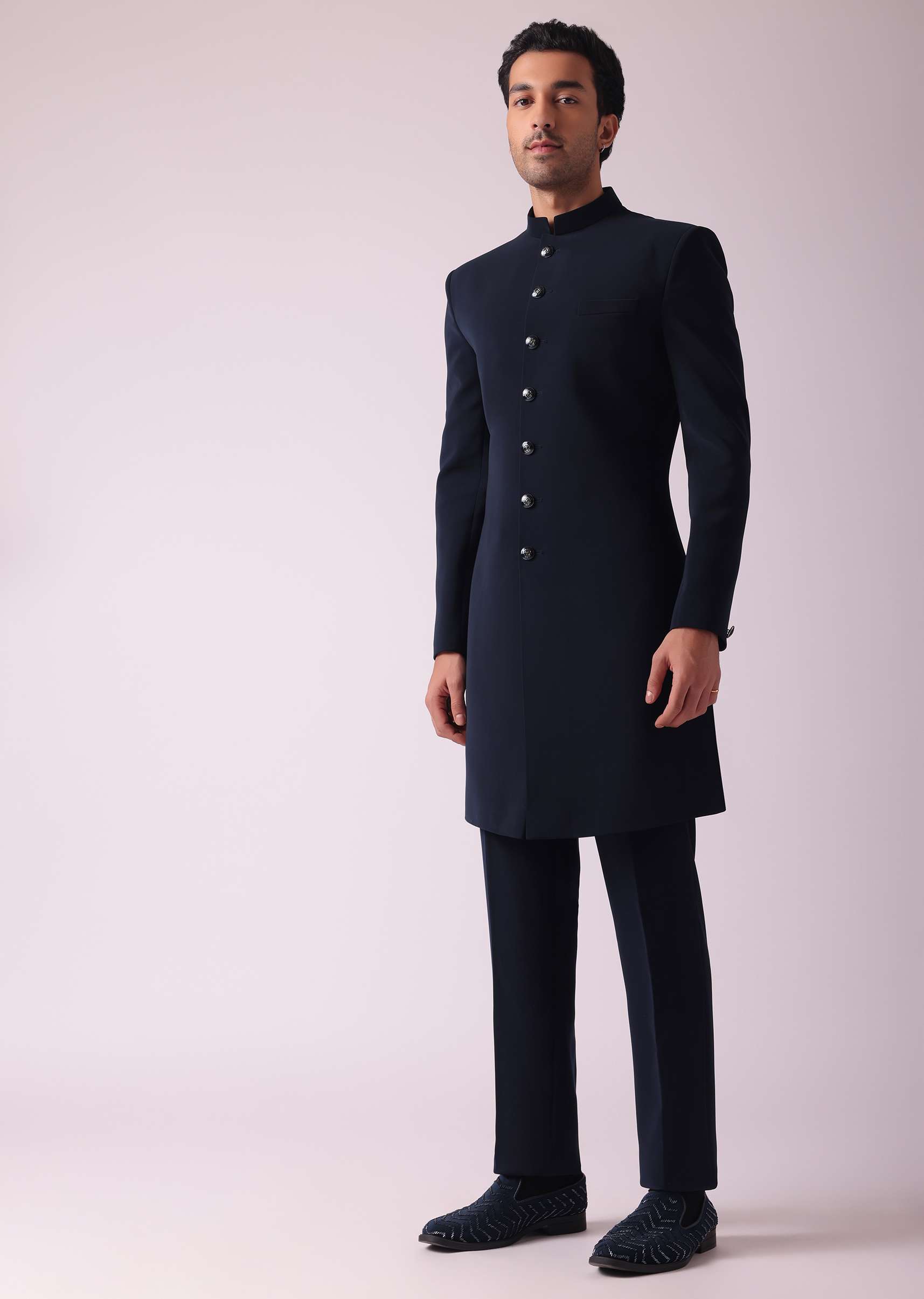 Navy Blue Geometric Patterned Achkan Style Indo Western Set - Image 5
