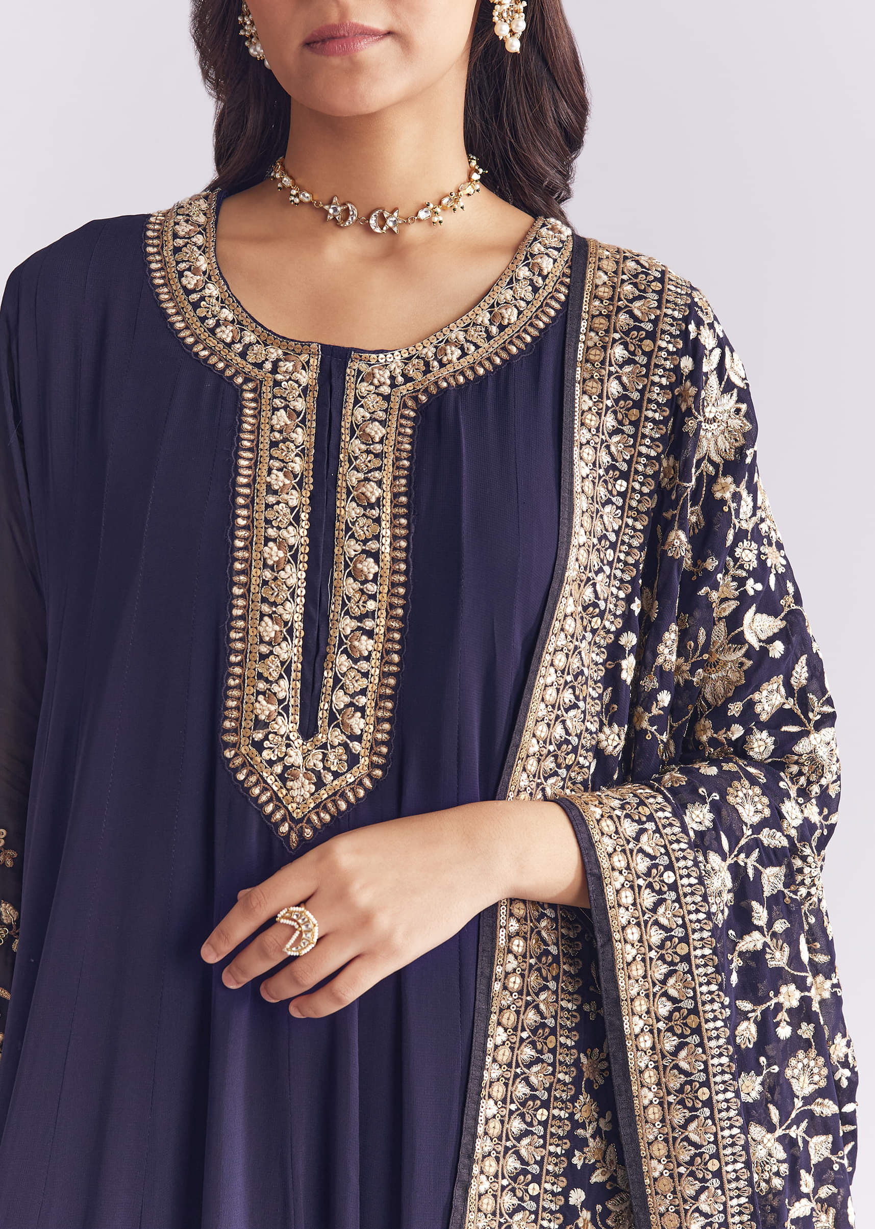 Navy Blue Georgette Anarkali Suit With Thread And Sequins Embroidery - Image 2