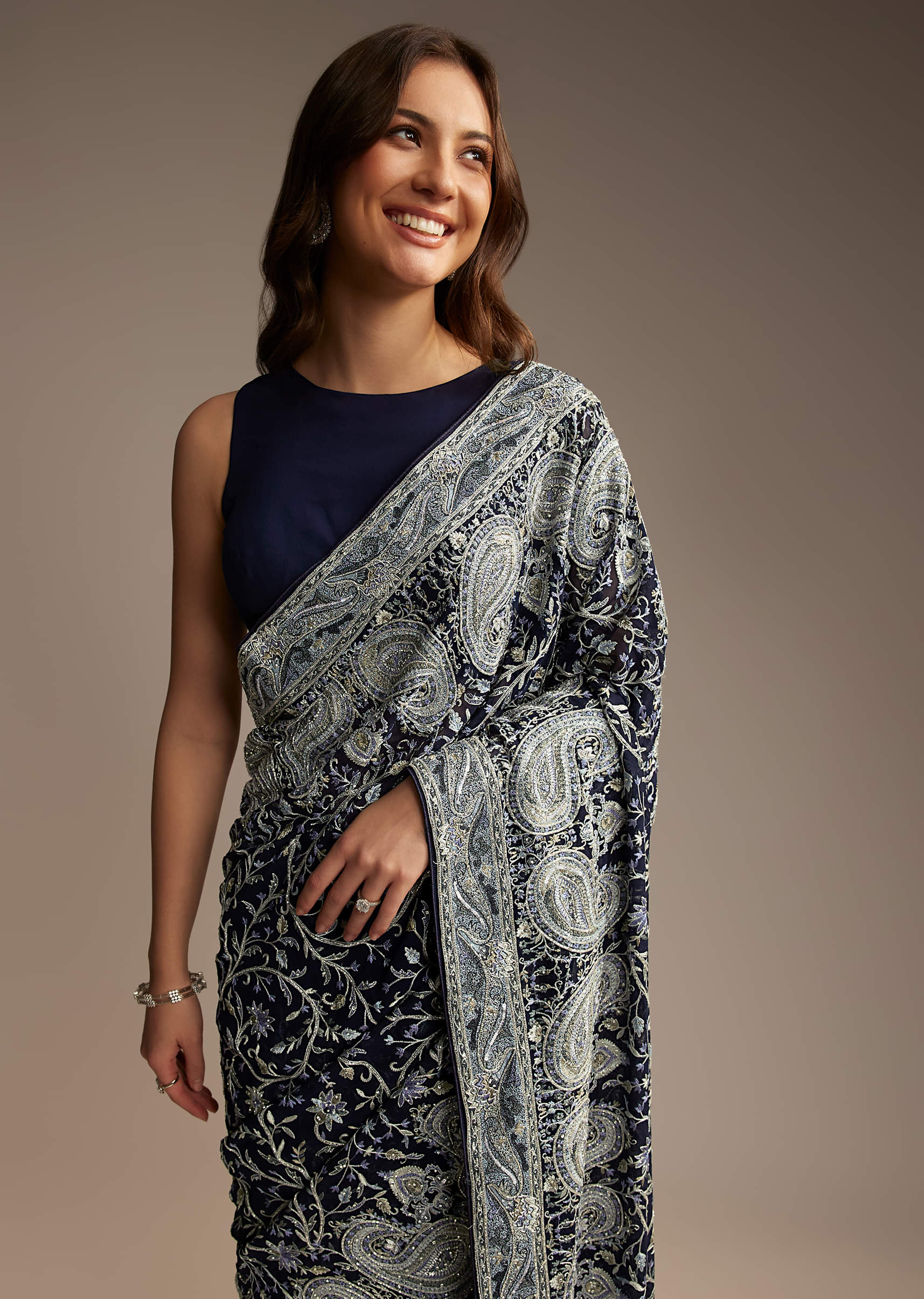 Navy Blue Georgette Saree with Heavy Floral Embroidery - Image 4