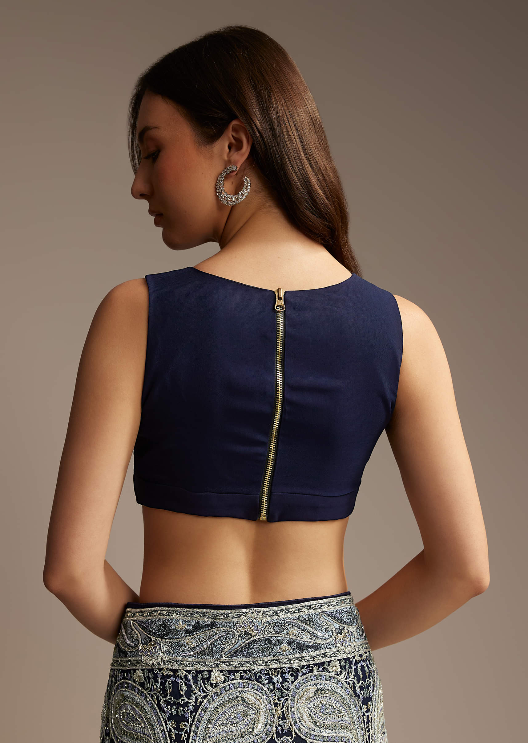 Navy Blue Georgette Saree with Heavy Floral Embroidery - Image 7