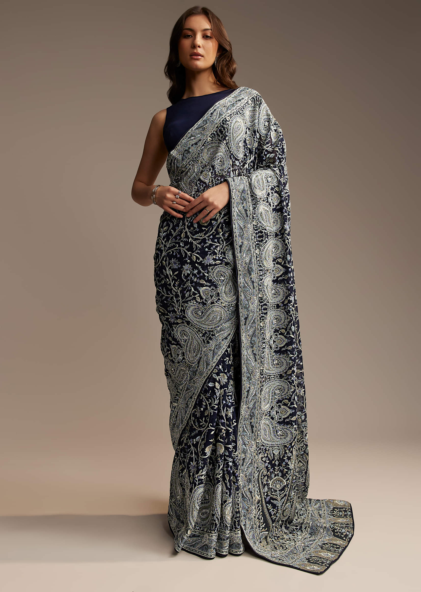 Navy Blue Georgette Saree with Heavy Floral Embroidery - Image 9