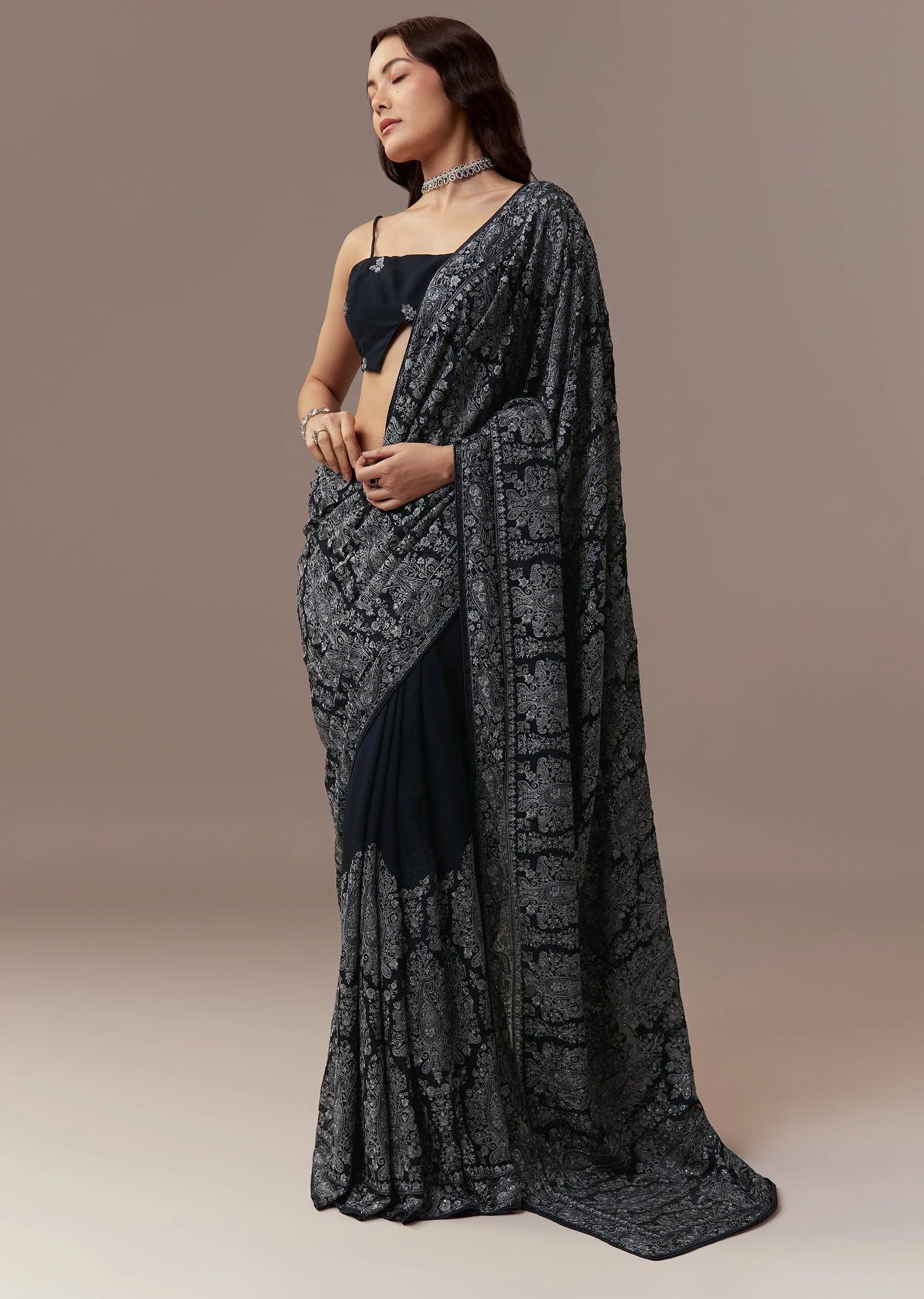 Navy Blue Georgette Saree With Resham Thread And Cutdana Embroidery - Image 3