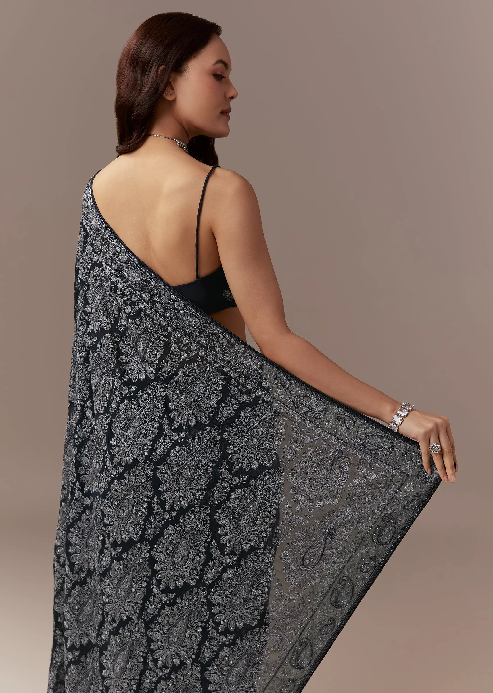 Navy Blue Georgette Saree With Resham Thread And Cutdana Embroidery - Image 6