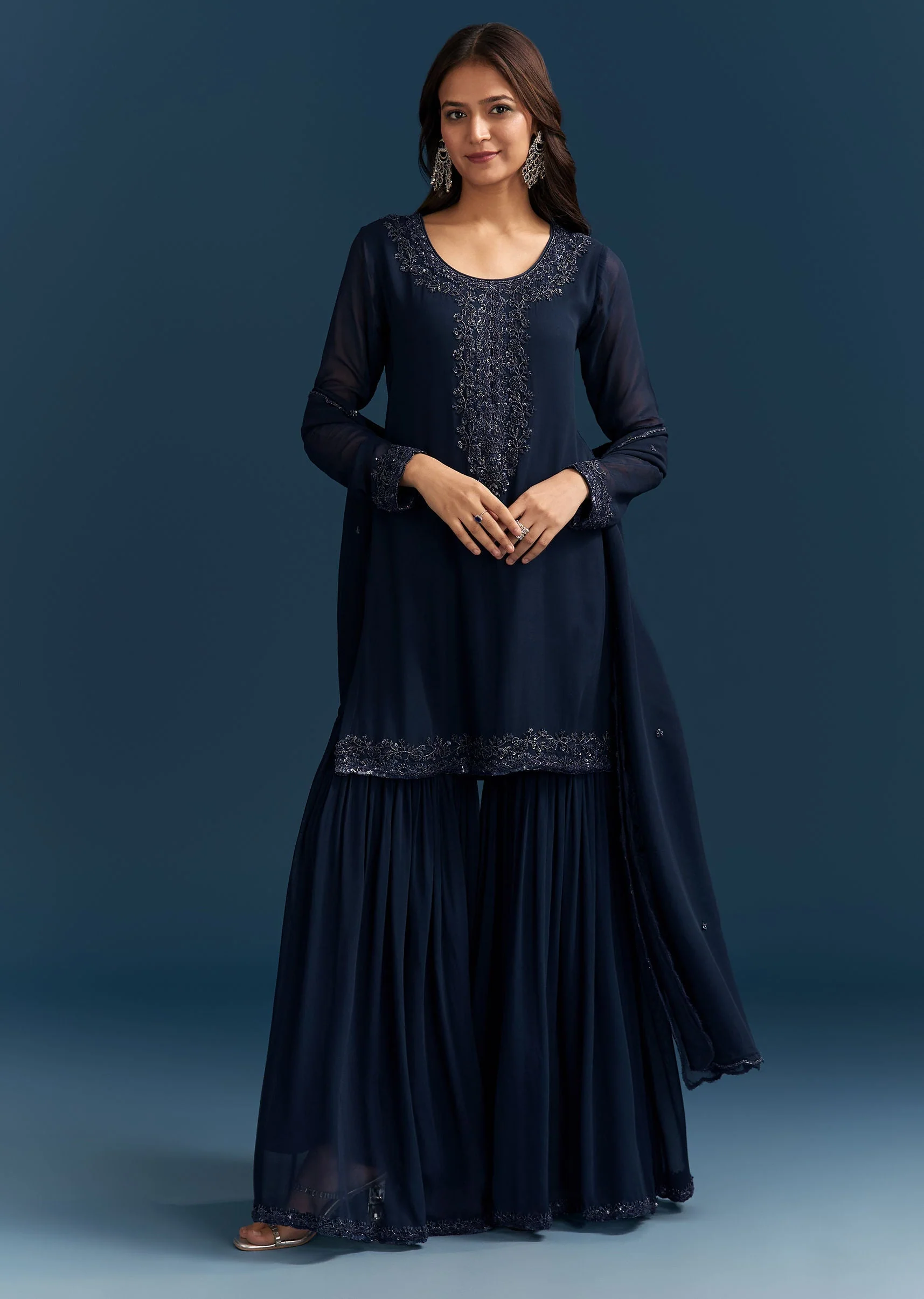 Navy Blue Georgette Sharara Suit With Embroidered Kurta And Dupatta - Image 3