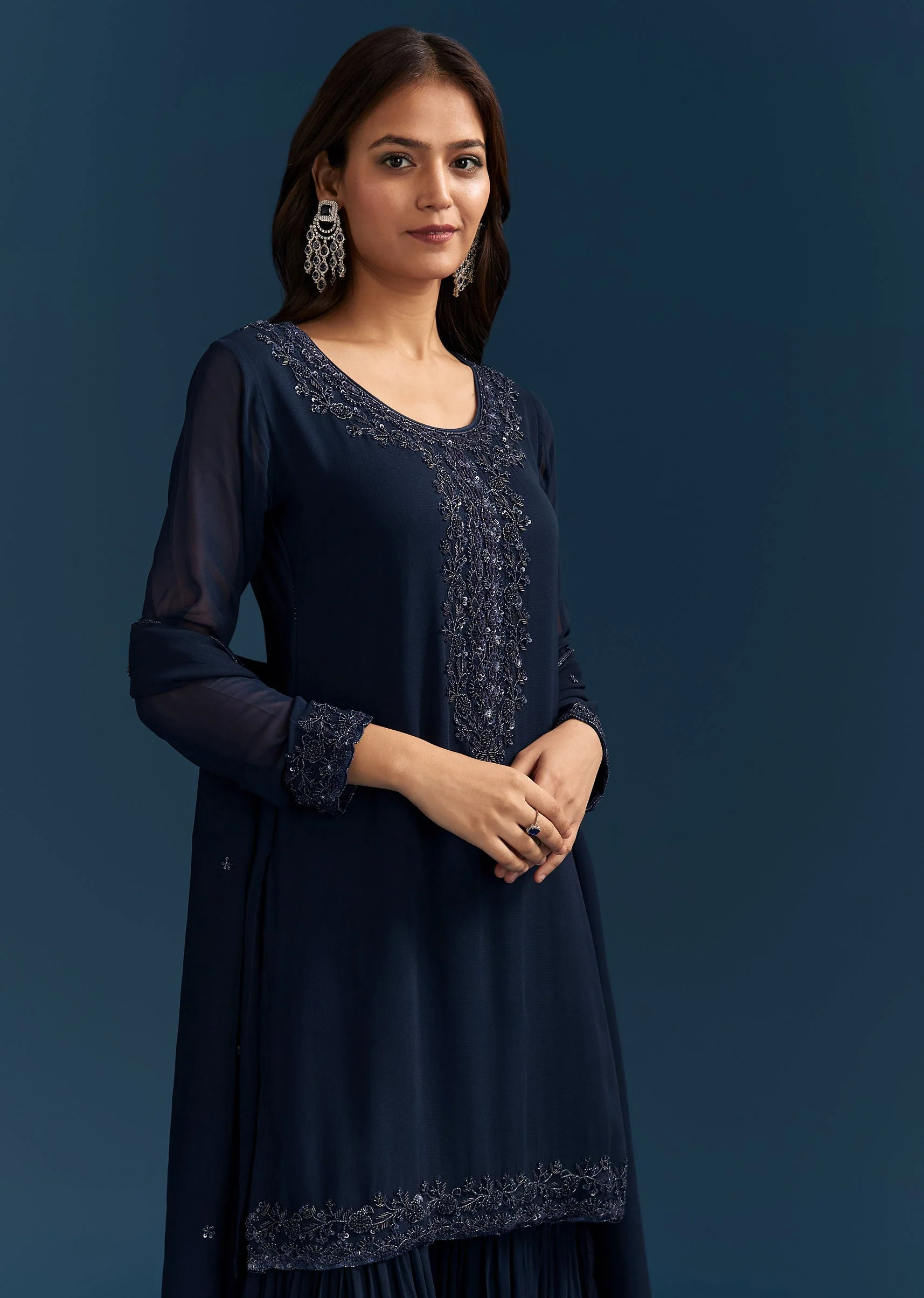 Navy Blue Georgette Sharara Suit With Embroidered Kurta And Dupatta - Image 4