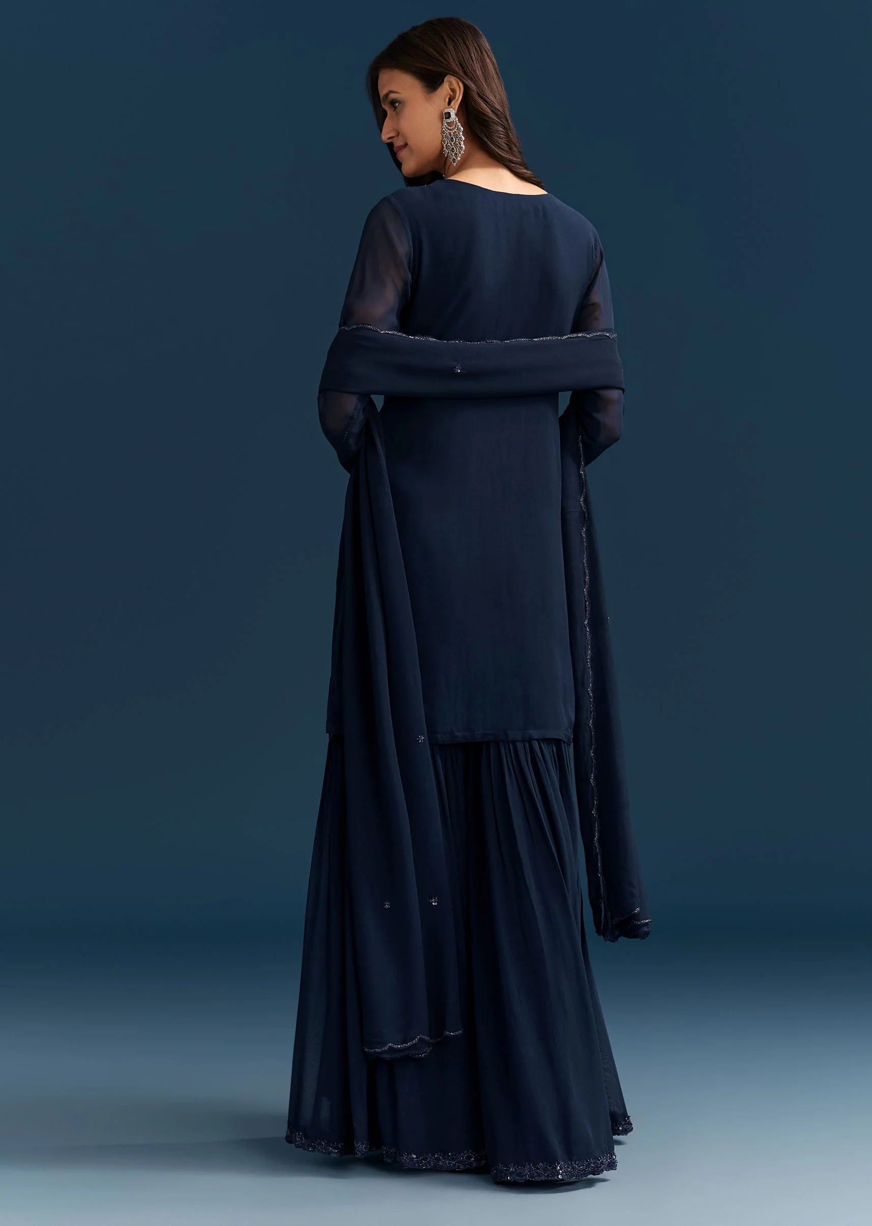 Navy Blue Georgette Sharara Suit With Embroidered Kurta And Dupatta - Image 5