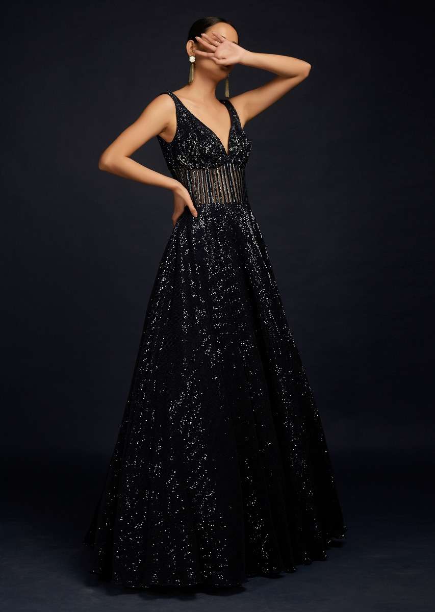 Navy Blue Gown Embellished In Sequins With Cut Dana Embellished Sheer Waist And Deep Sweetheart Neckline - Image 2