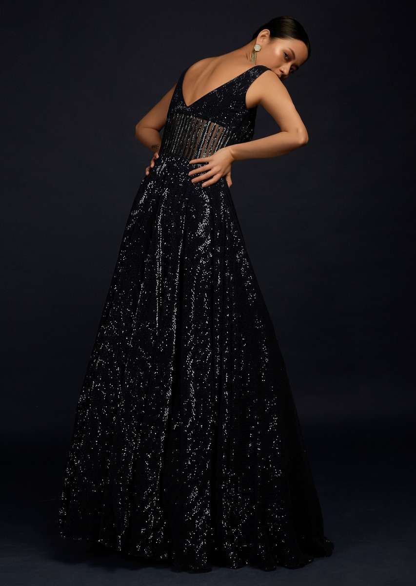 Navy Blue Gown Embellished In Sequins With Cut Dana Embellished Sheer Waist And Deep Sweetheart Neckline - Image 5