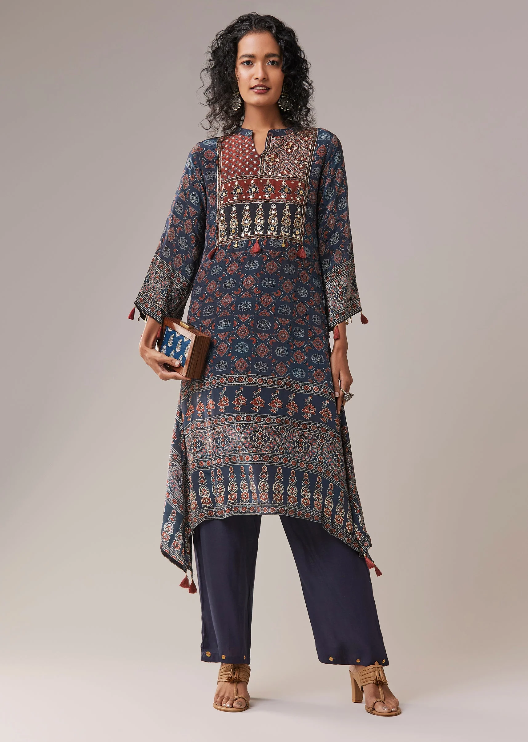 Navy Blue Indie Floral Print Kurta and Pant Set