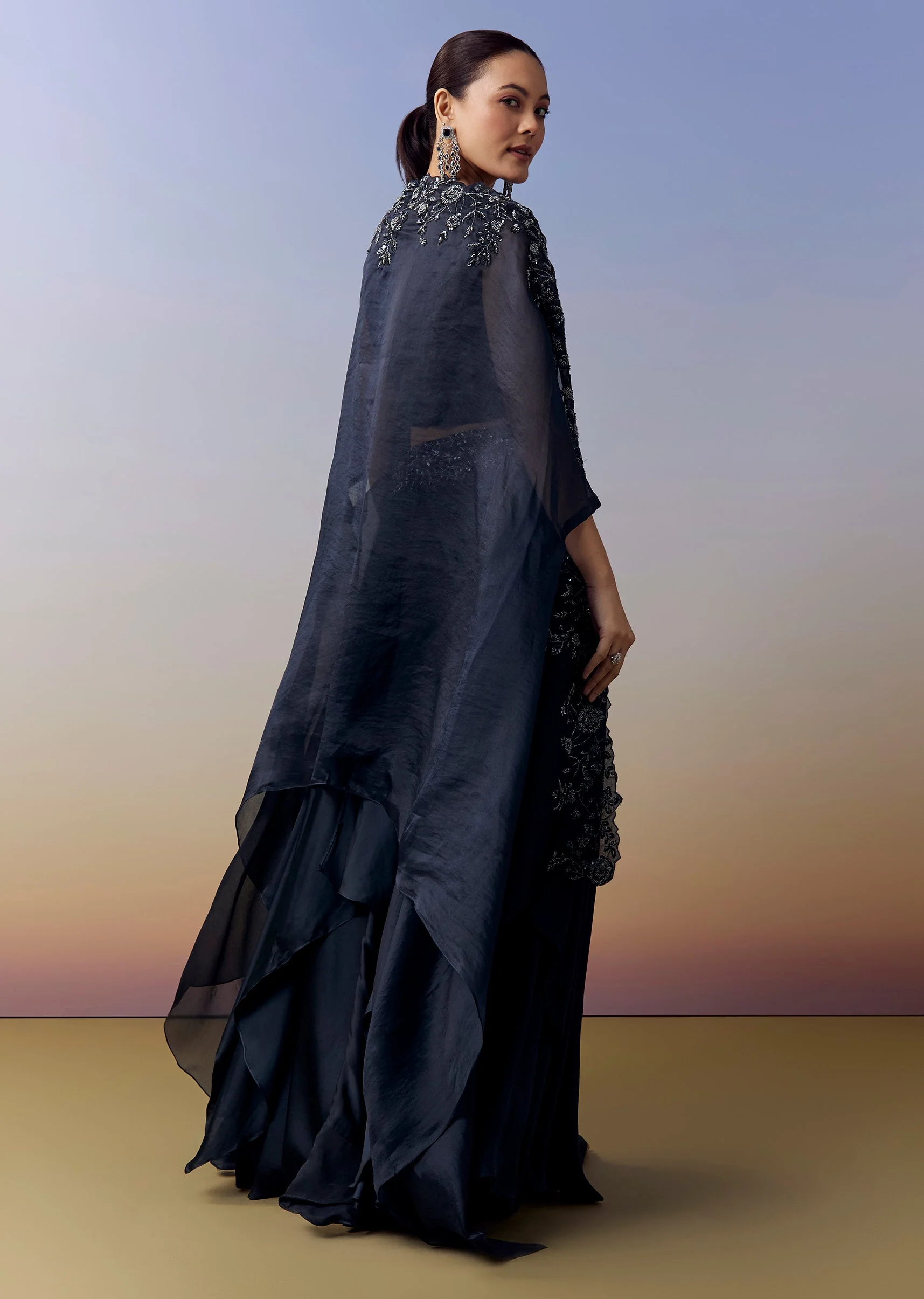 Navy Blue Indo Western Crop Top Skirt Set With Moti Work And Cape - Image 5