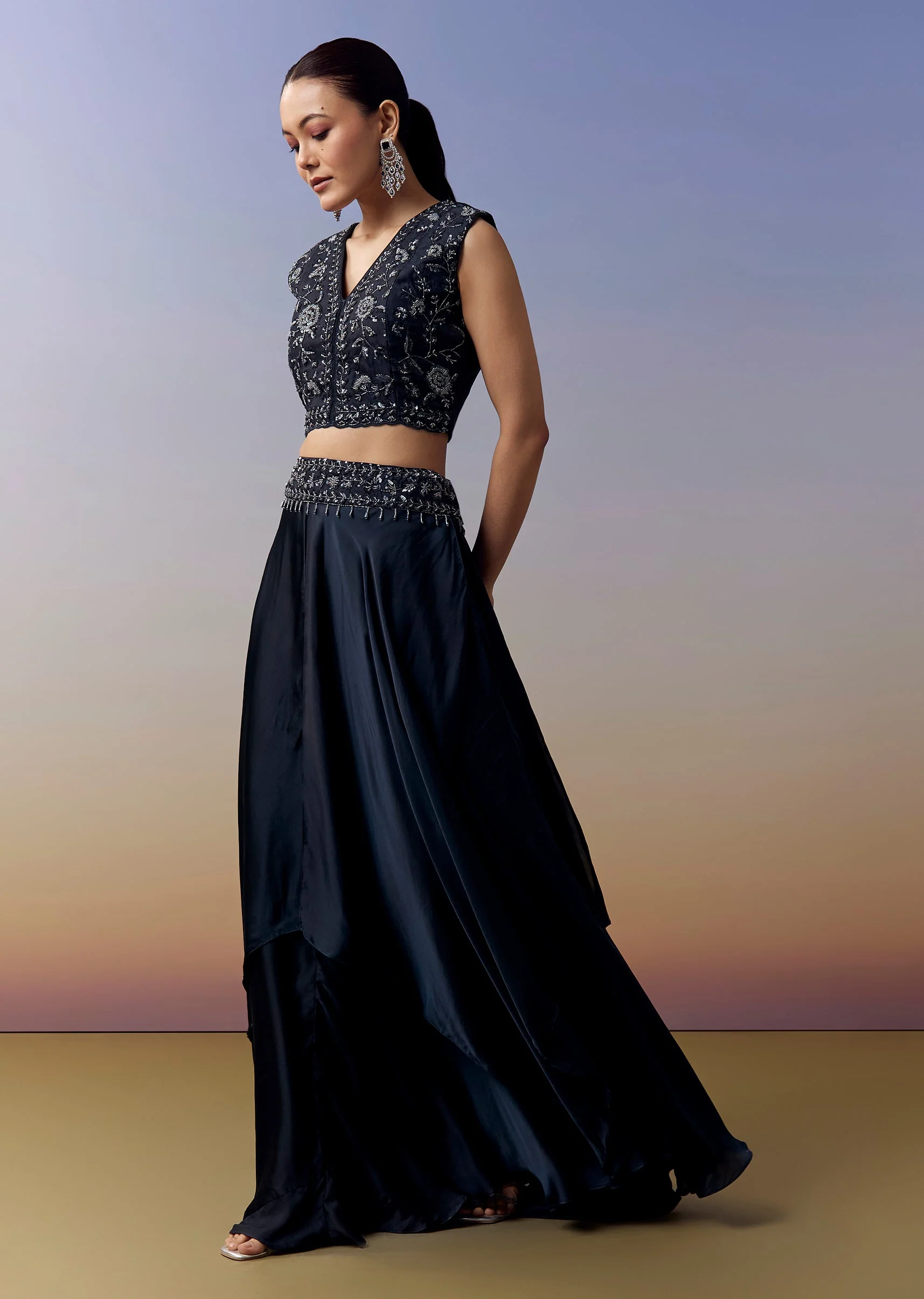 Navy Blue Indo Western Crop Top Skirt Set With Moti Work And Cape - Image 6
