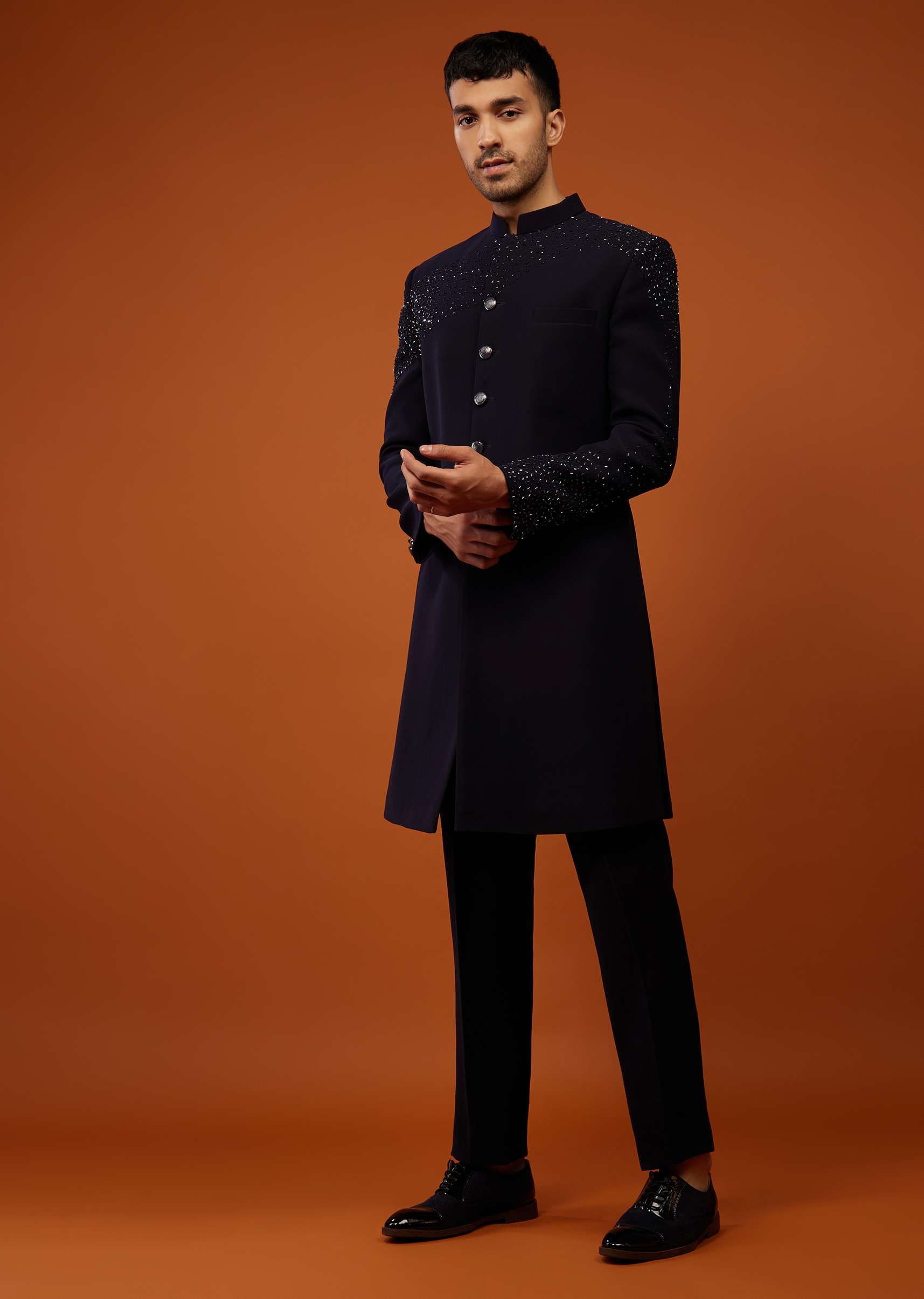 Navy Blue Indo-Western Sherwani Set Embroidered In Japanese Suiting Fabric - Image 3