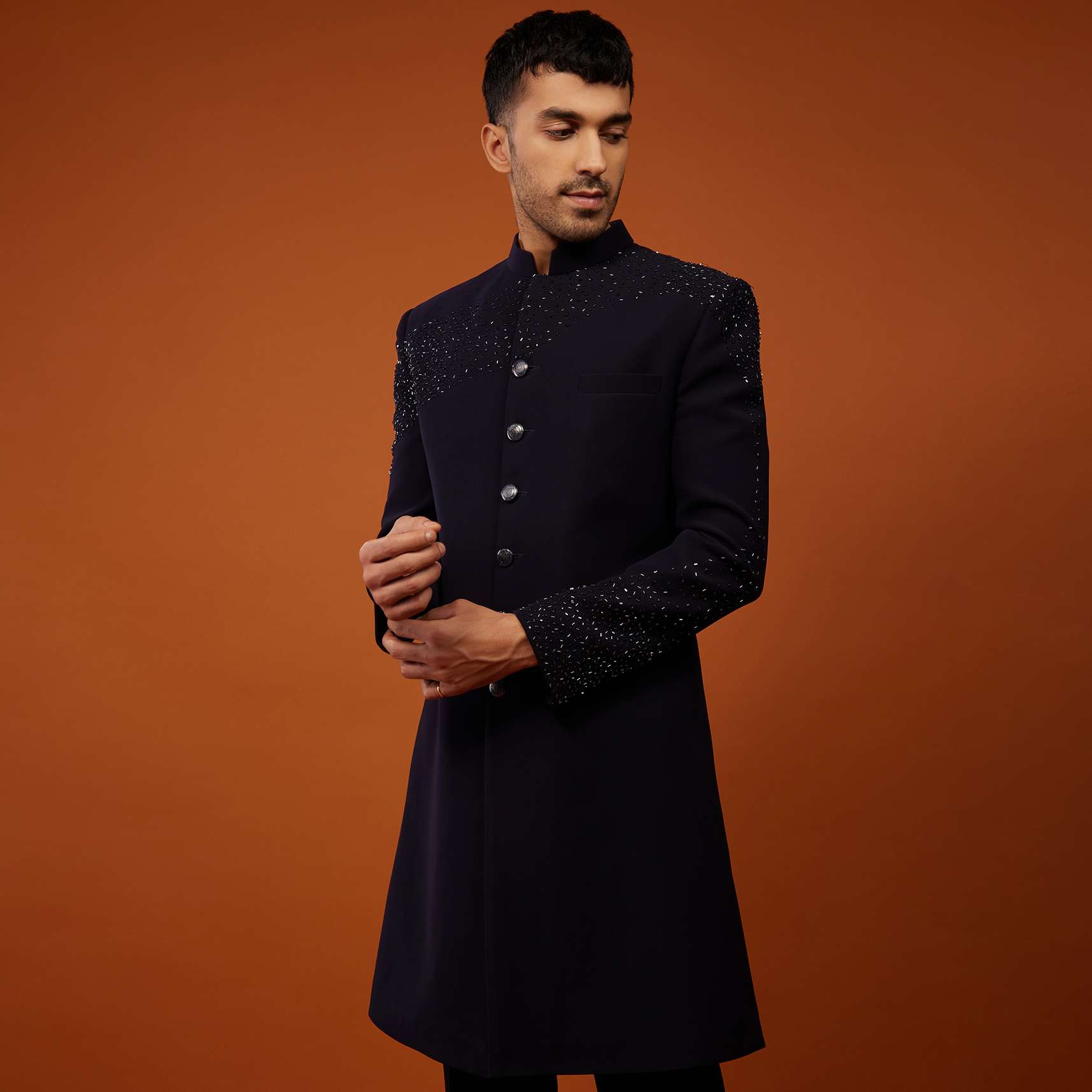Navy Blue Indo-Western Sherwani Set Embroidered In Japanese Suiting Fabric - Image 4