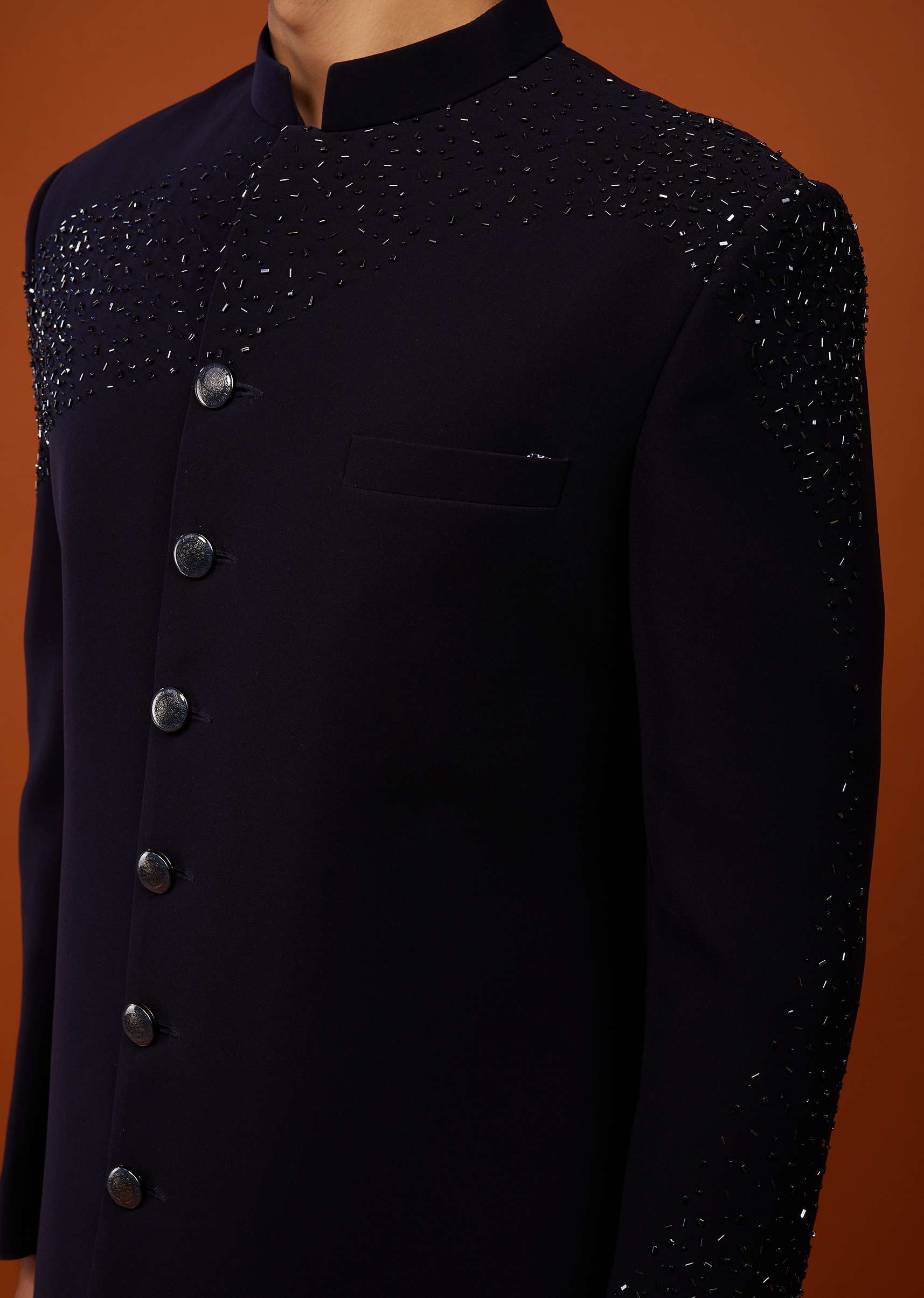 Navy Blue Indo-Western Sherwani Set Embroidered In Japanese Suiting Fabric - Image 5