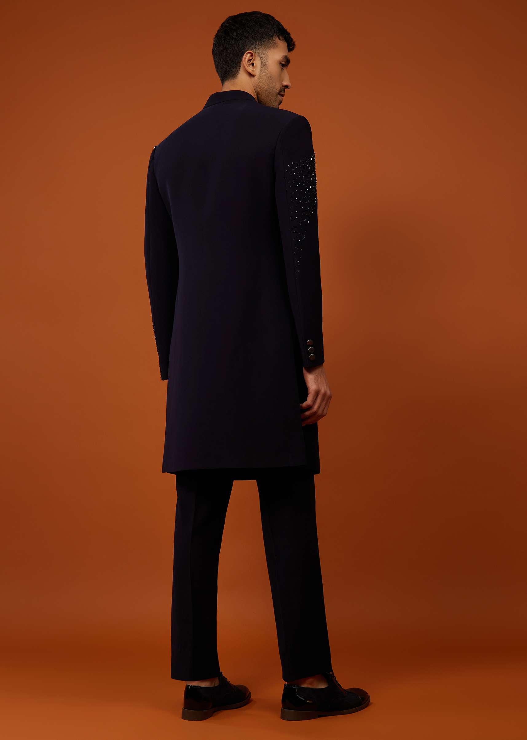 Navy Blue Indo-Western Sherwani Set Embroidered In Japanese Suiting Fabric - Image 6