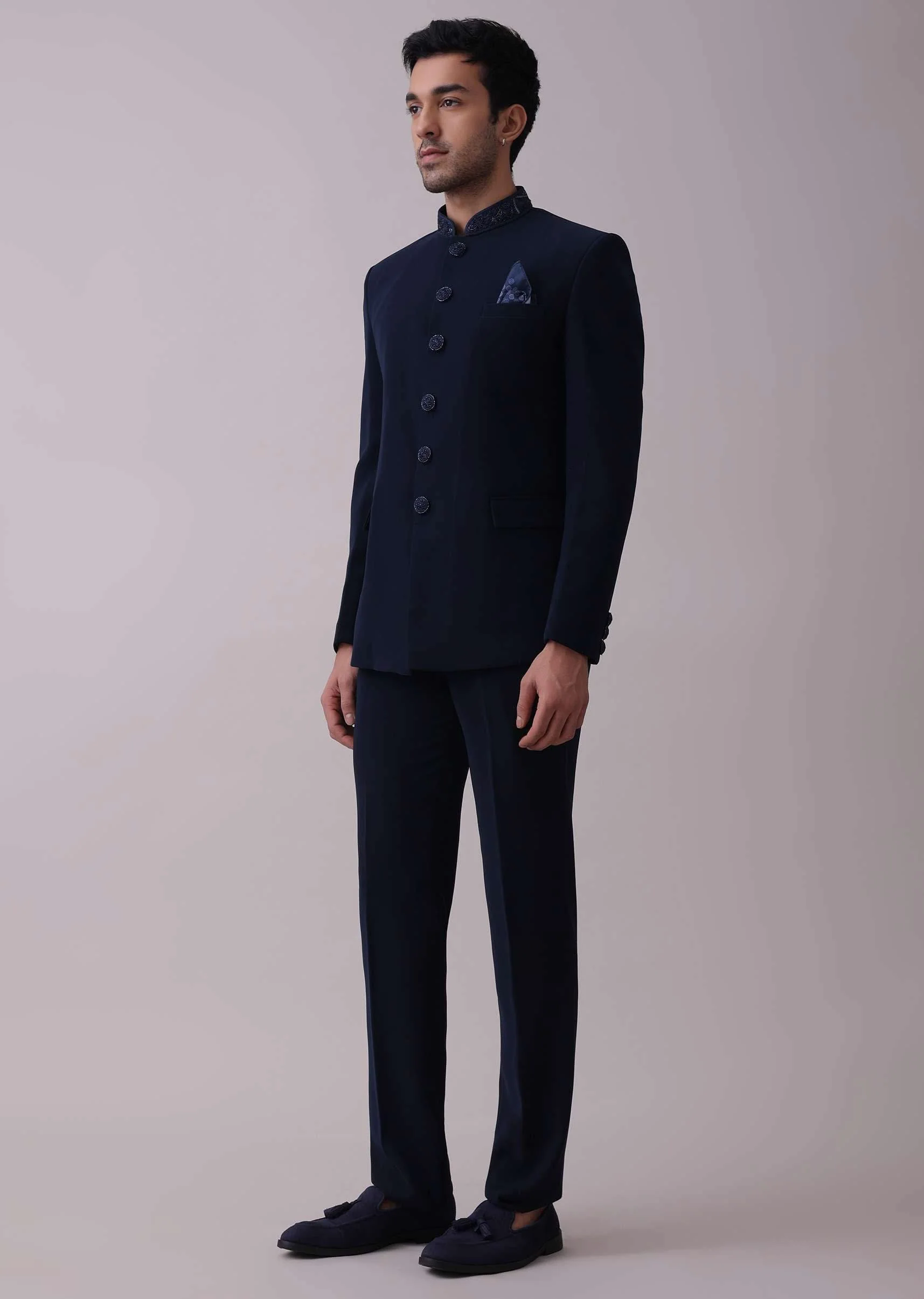Navy Blue Indowestern Achkan Set In Suiting Fabric With Moti Embroidery - Image 3