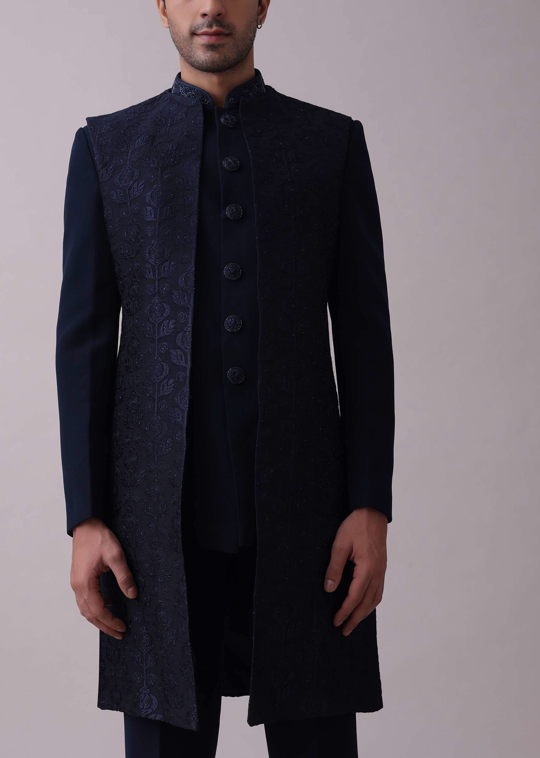 Navy Blue Indowestern Achkan Set In Suiting Fabric With Moti Embroidery - Image 4